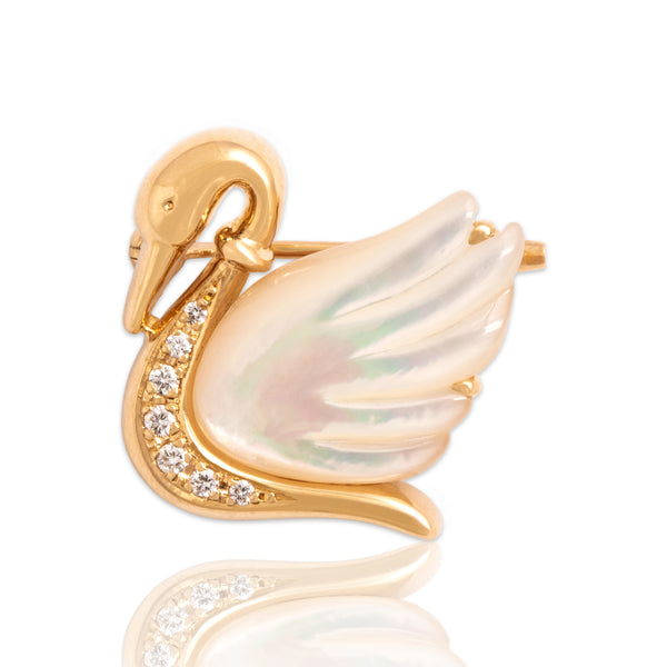 Vintage 18k Yellow Gold .07cttw Diamond Mother of Pearl Swan Brooch / Pin