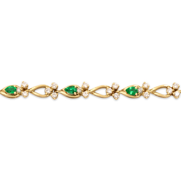 Vintage Substantial 18k Yellow Gold 1.1cttw Emerald Diamond Glamorous Decorated Pear Link Line Bracelet - Close-up view