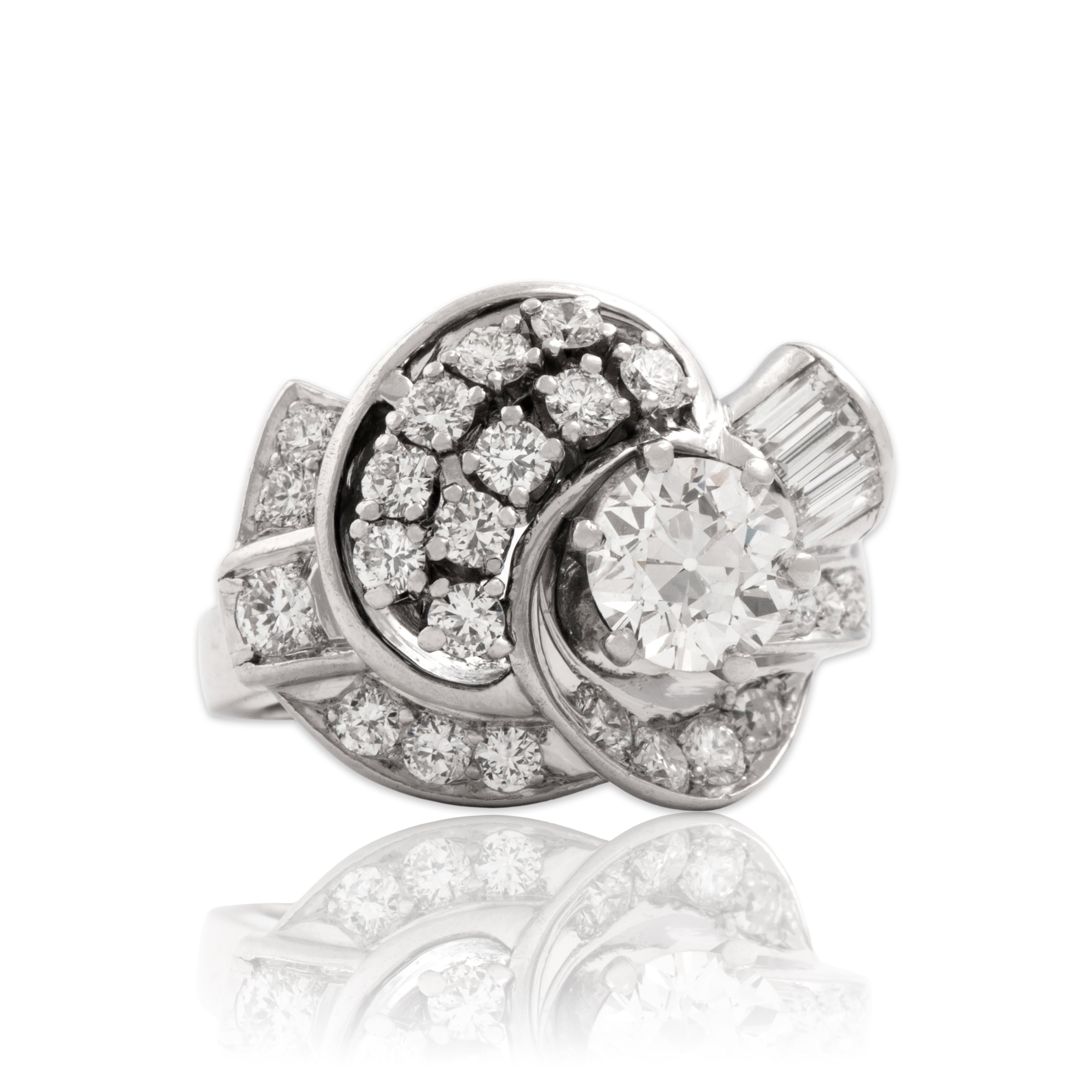 Vintage Platinum 2.11cttw Old European Cut Diamond Superb Swirling Cluster Ring - Close-up view