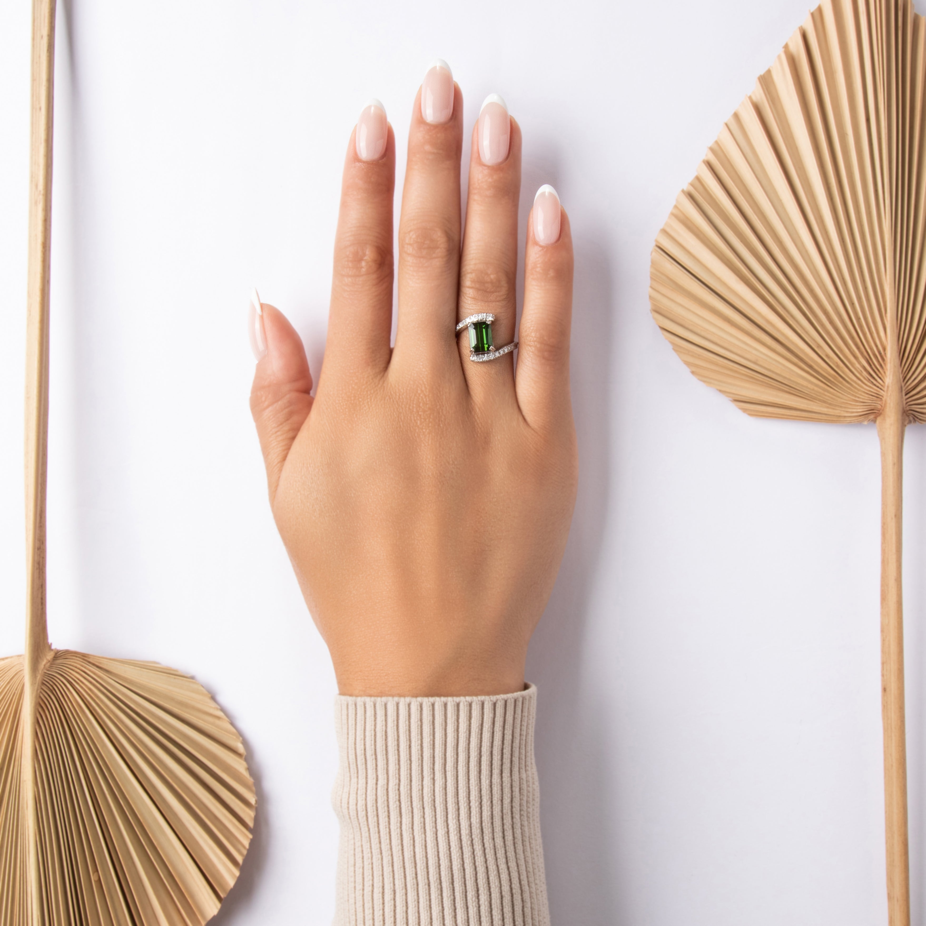 Vintage Platinum 2.3ct Green Tourmaline Diamond Striking Pavã© Emerald-Cut Bypass Ring - On model view