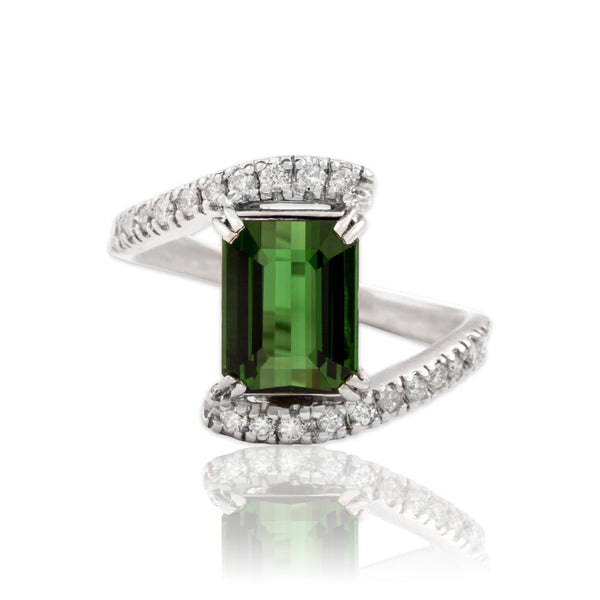 Vintage Platinum 2.72ct Green Tourmaline Diamond Striking Bypass Ring 7.25