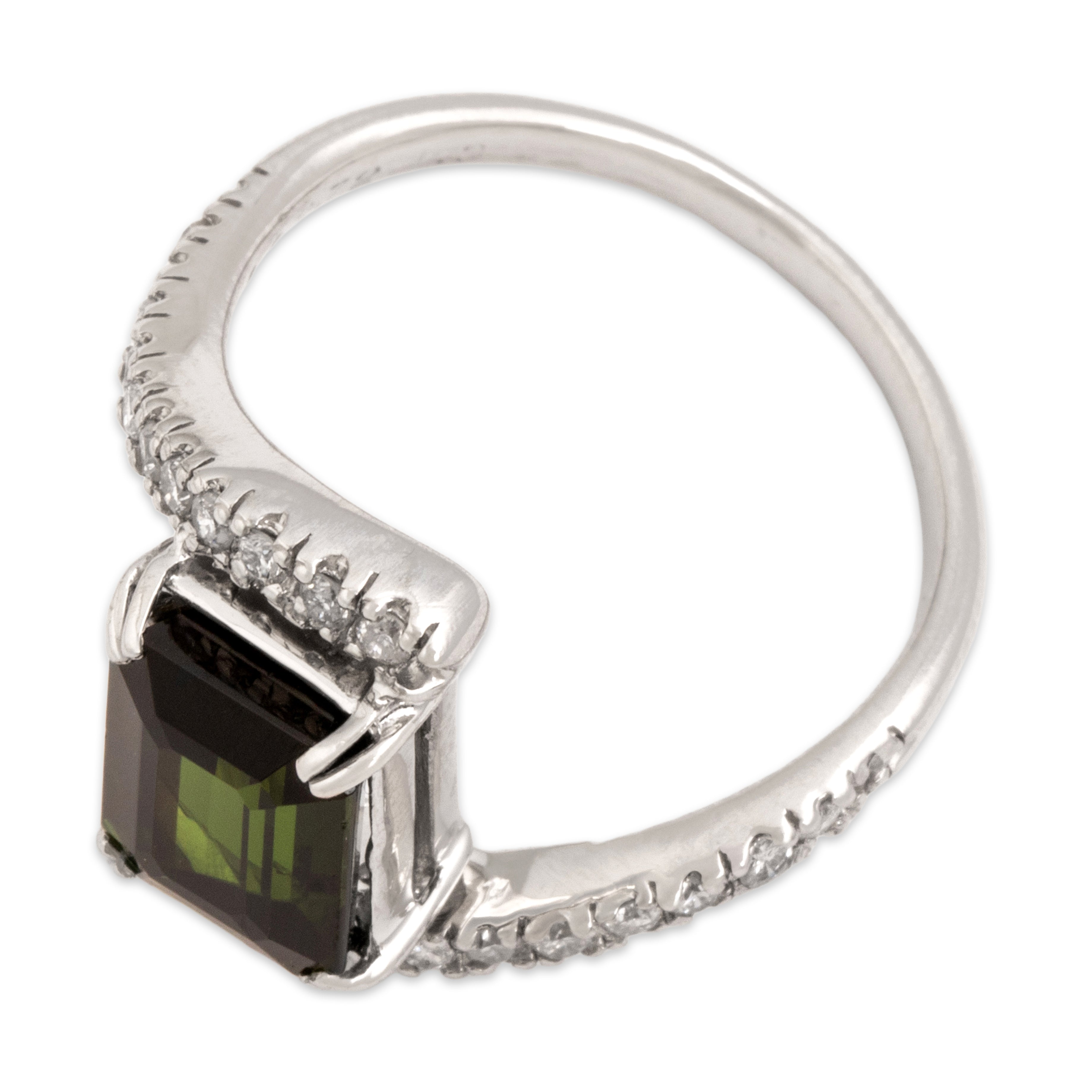 Vintage Platinum 2.3ct Green Tourmaline Diamond Striking Pavã© Emerald-Cut Bypass Ring - Overall view