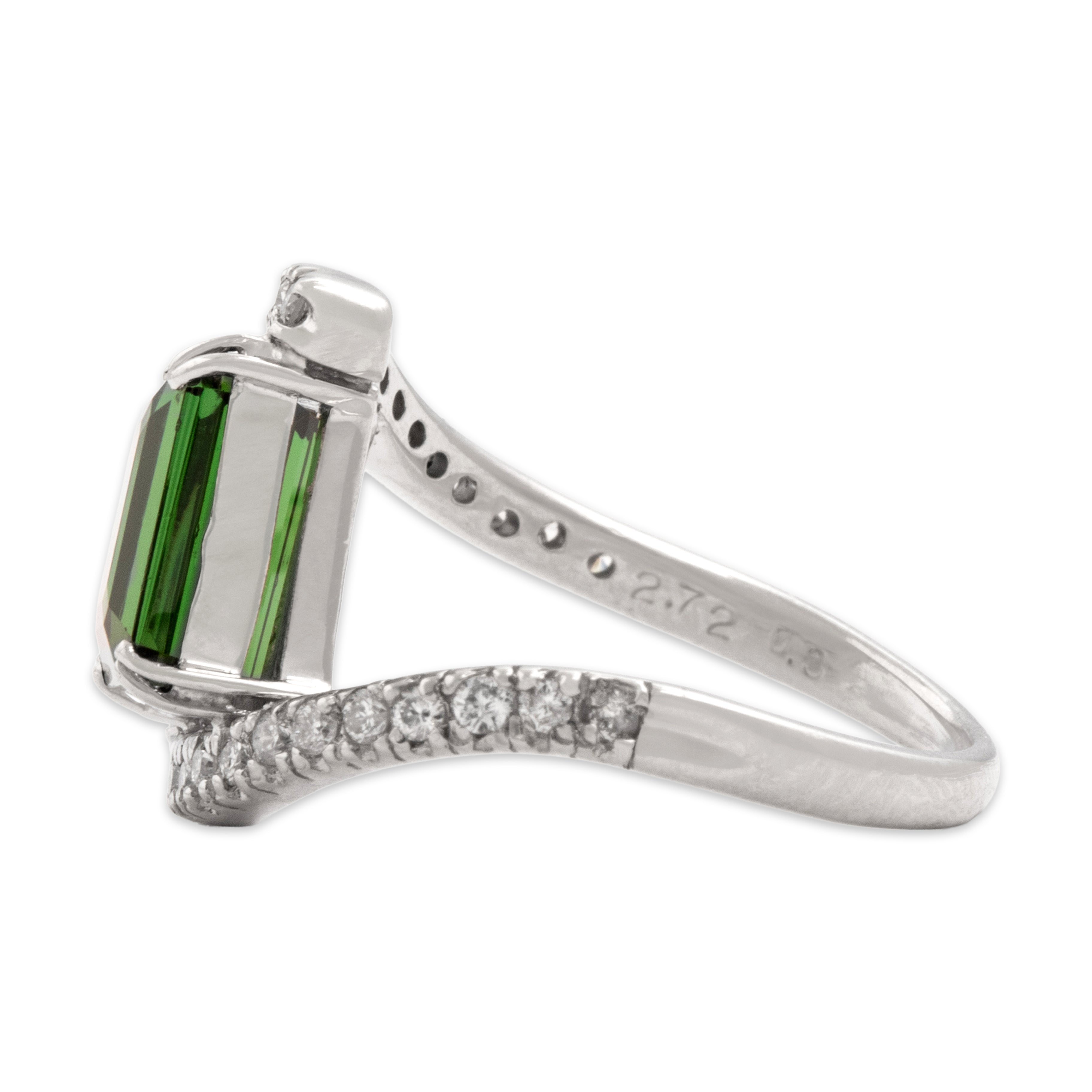 Vintage Platinum 2.3ct Green Tourmaline Diamond Striking Pavã© Emerald-Cut Bypass Ring - Side view