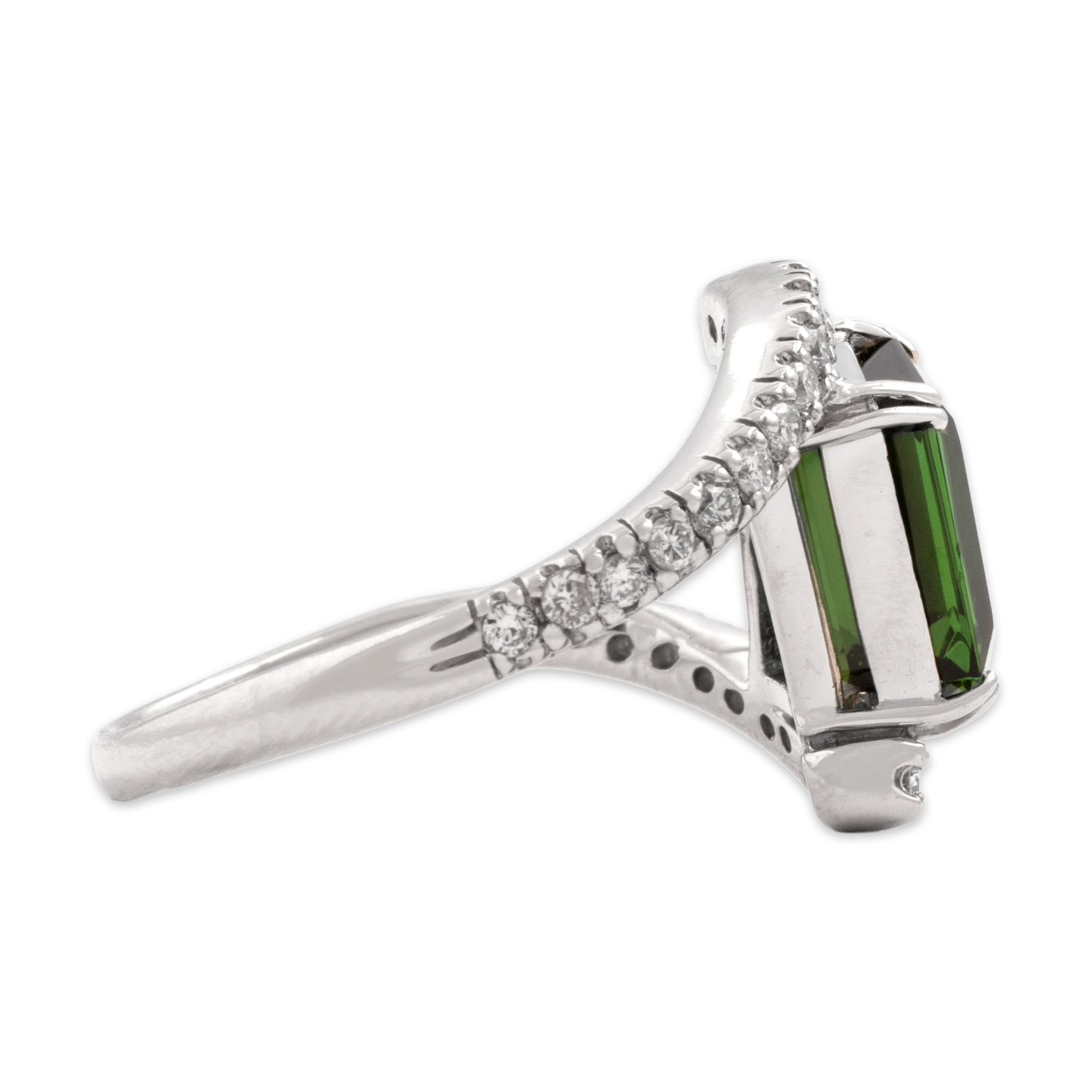 Vintage Platinum 2.3ct Green Tourmaline Diamond Striking Pavã© Emerald-Cut Bypass Ring - Side view