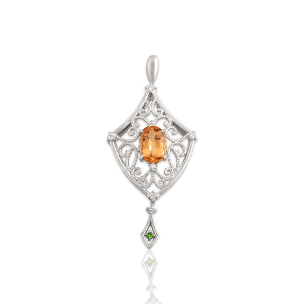 Vintage Platinum 2.23ct Imperial Topaz Diamond Green Garnet Openwork Pendant