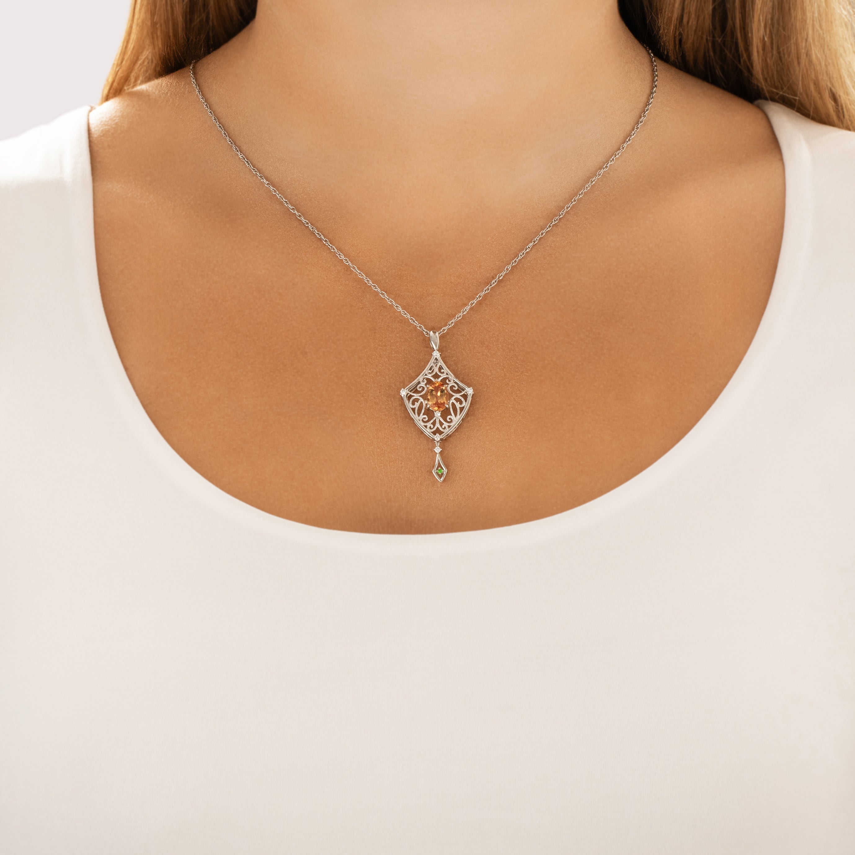 Vintage Platinum [Custom Carat] Ornate Milgrain Openwork Dangle Pendant - On model view