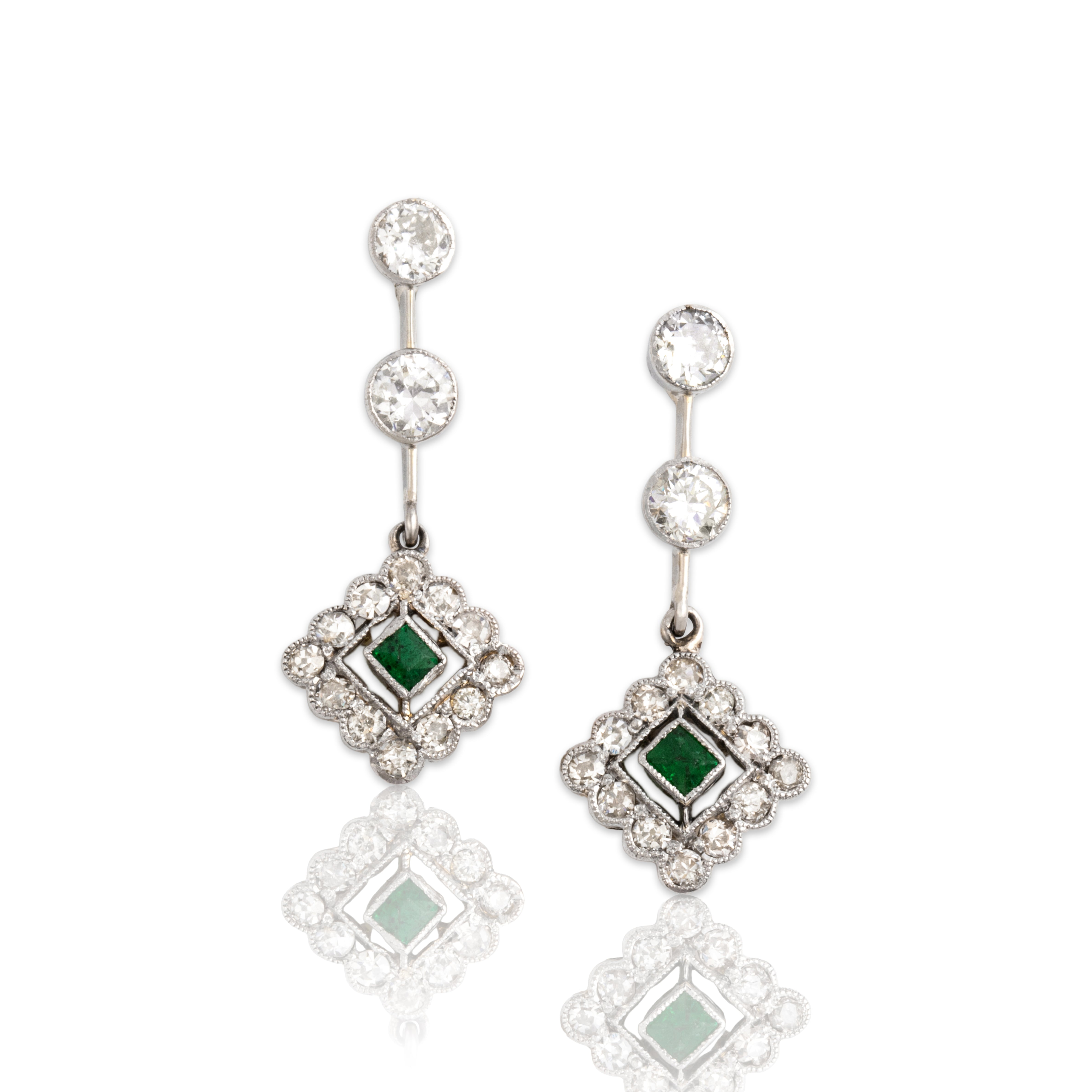 Antique Edwardian 18k White Gold & 14k Yellow Gold & Platinum 1.2cttw Old Mine Diamond Emerald Earrings