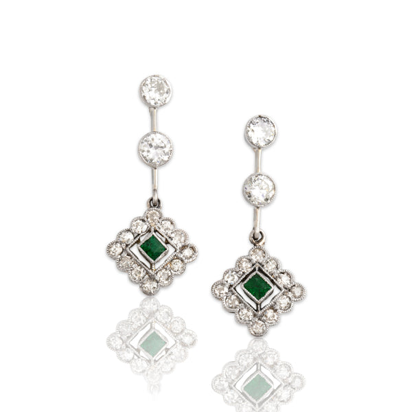 Antique Edwardian 18k White Gold & 14k Yellow Gold & Platinum 1.2cttw Old Mine Diamond Emerald Earrings