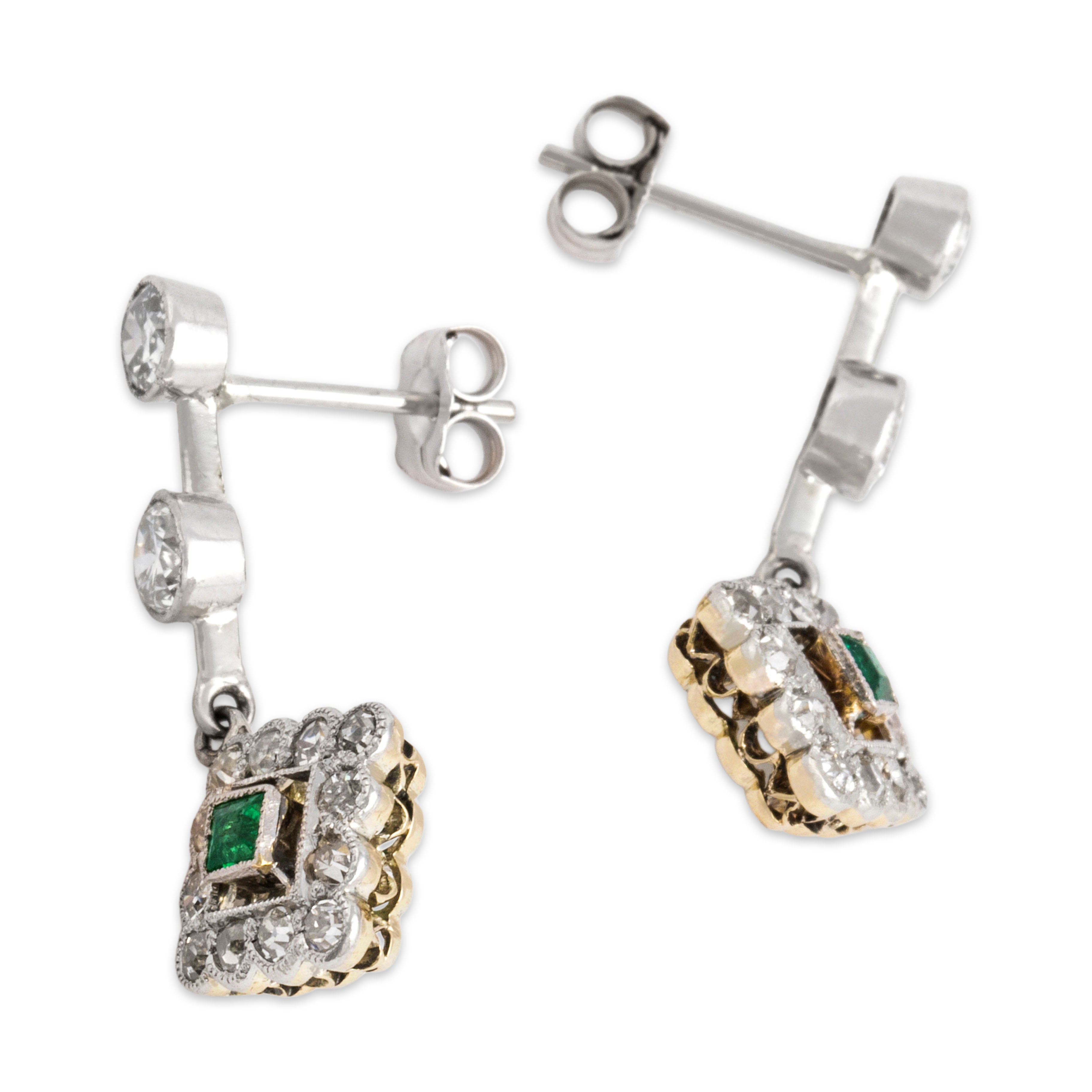 Antique Edwardian 18k White Gold & 14k Yellow Gold & Platinum 1.2cttw Old Mine Diamond Emerald Earrings