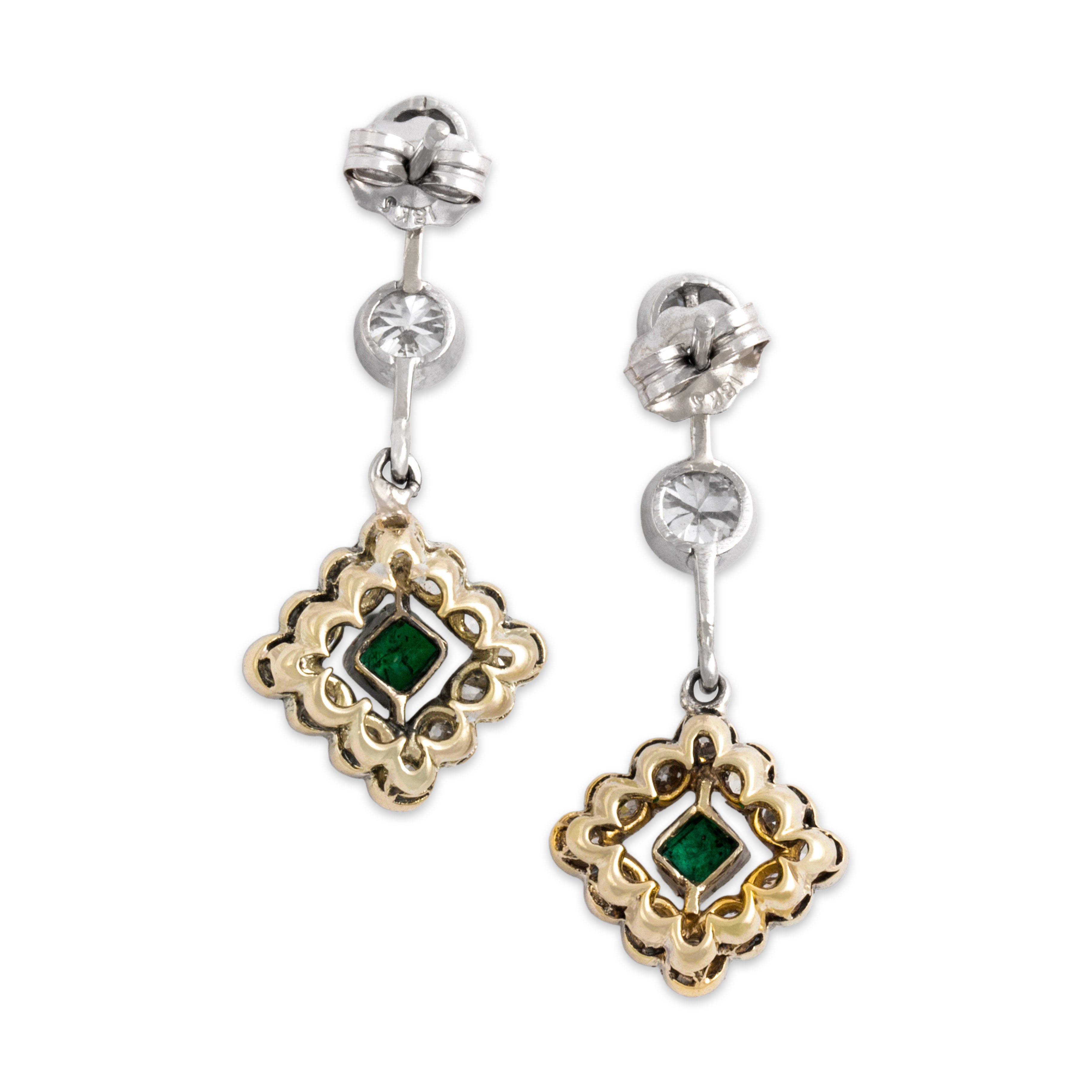 Antique Edwardian 18k White Gold & 14k Yellow Gold & Platinum 1.2cttw Old Mine Diamond Emerald Earrings