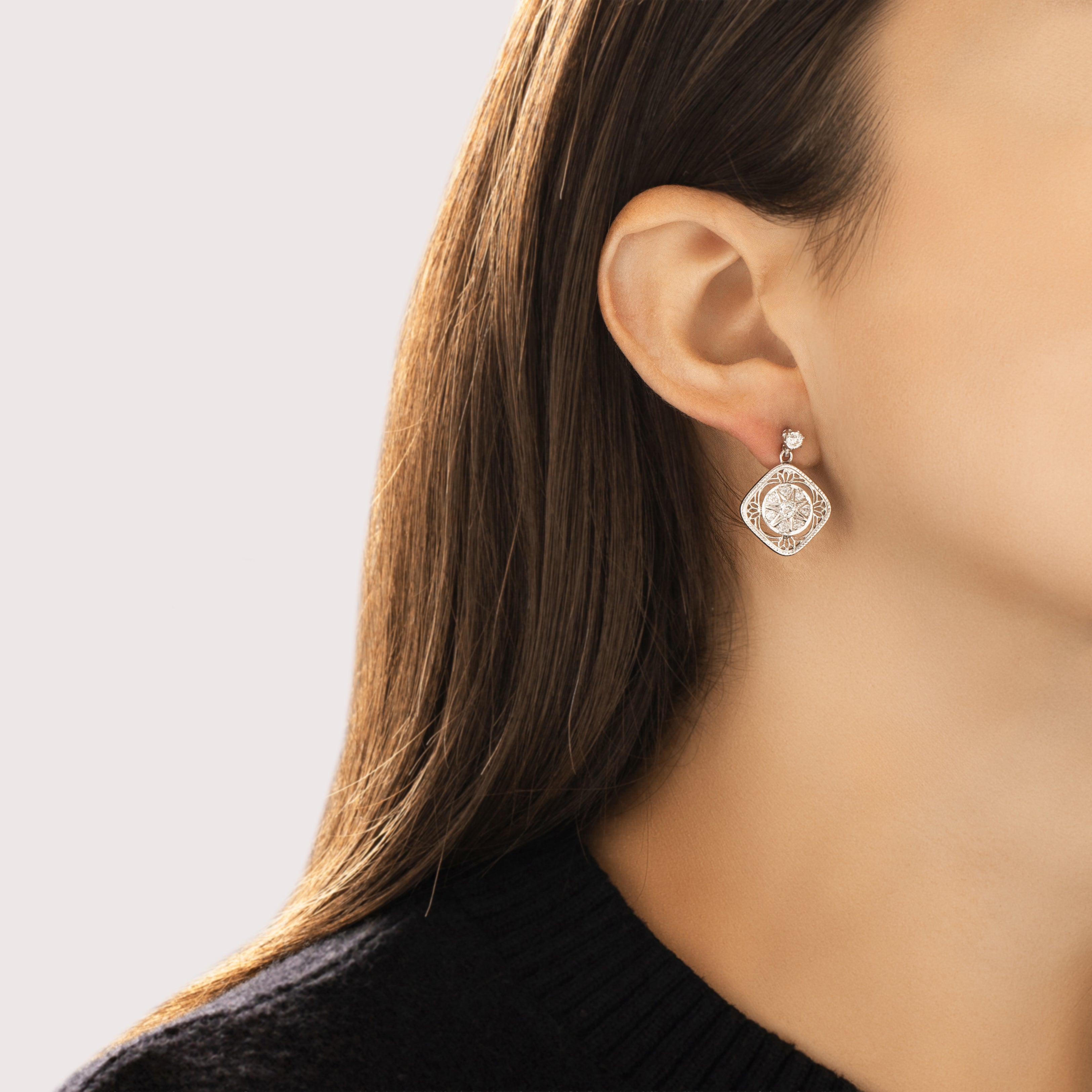 Vintage 14k & 10k White Gold .73cttw Old Mine Cut Diamond Fantastic Openwork Dangle Earrings - On model view