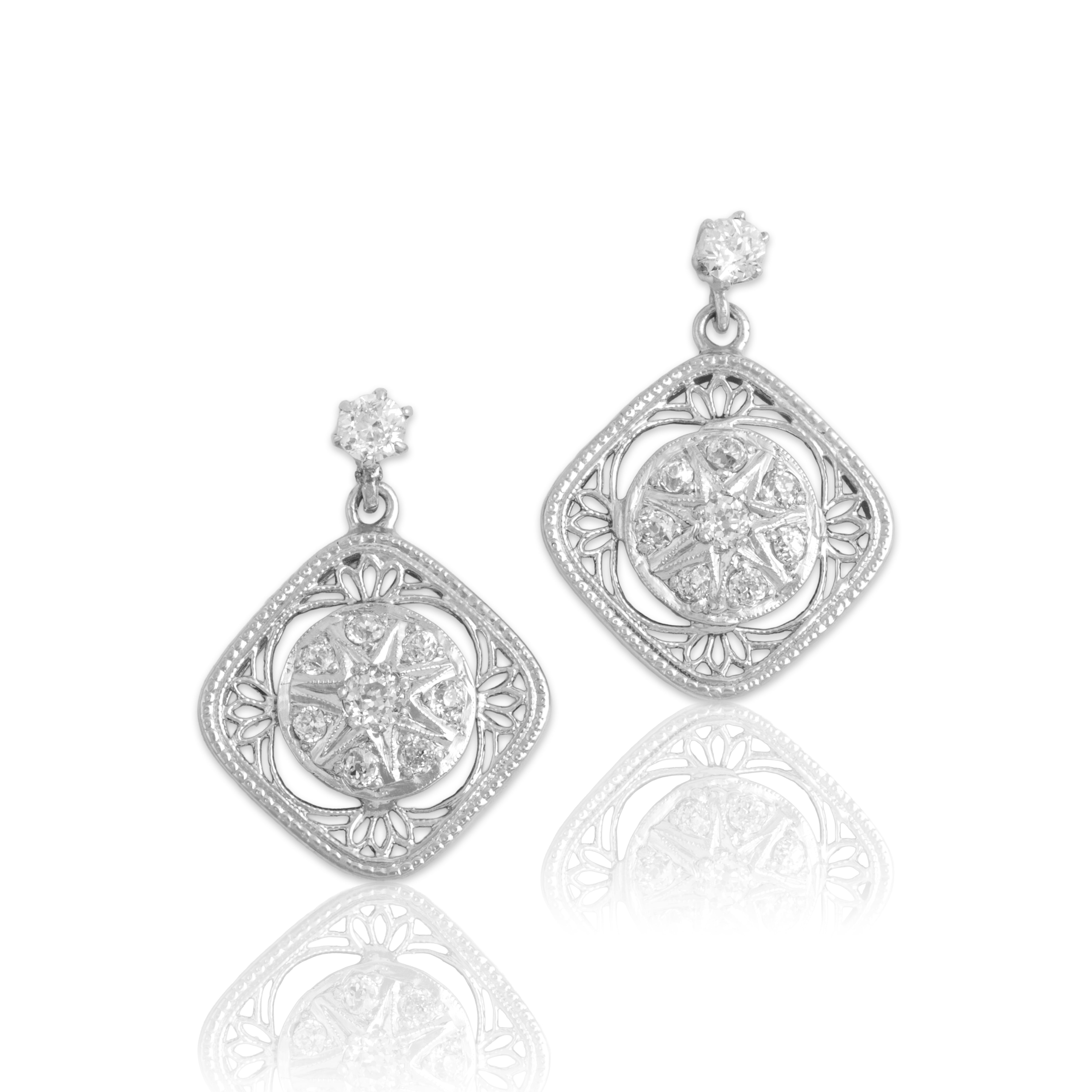 Vintage 14k & 10k White Gold .73cttw Old Mine Cut Diamond Fantastic Openwork Dangle Earrings - Close-up view