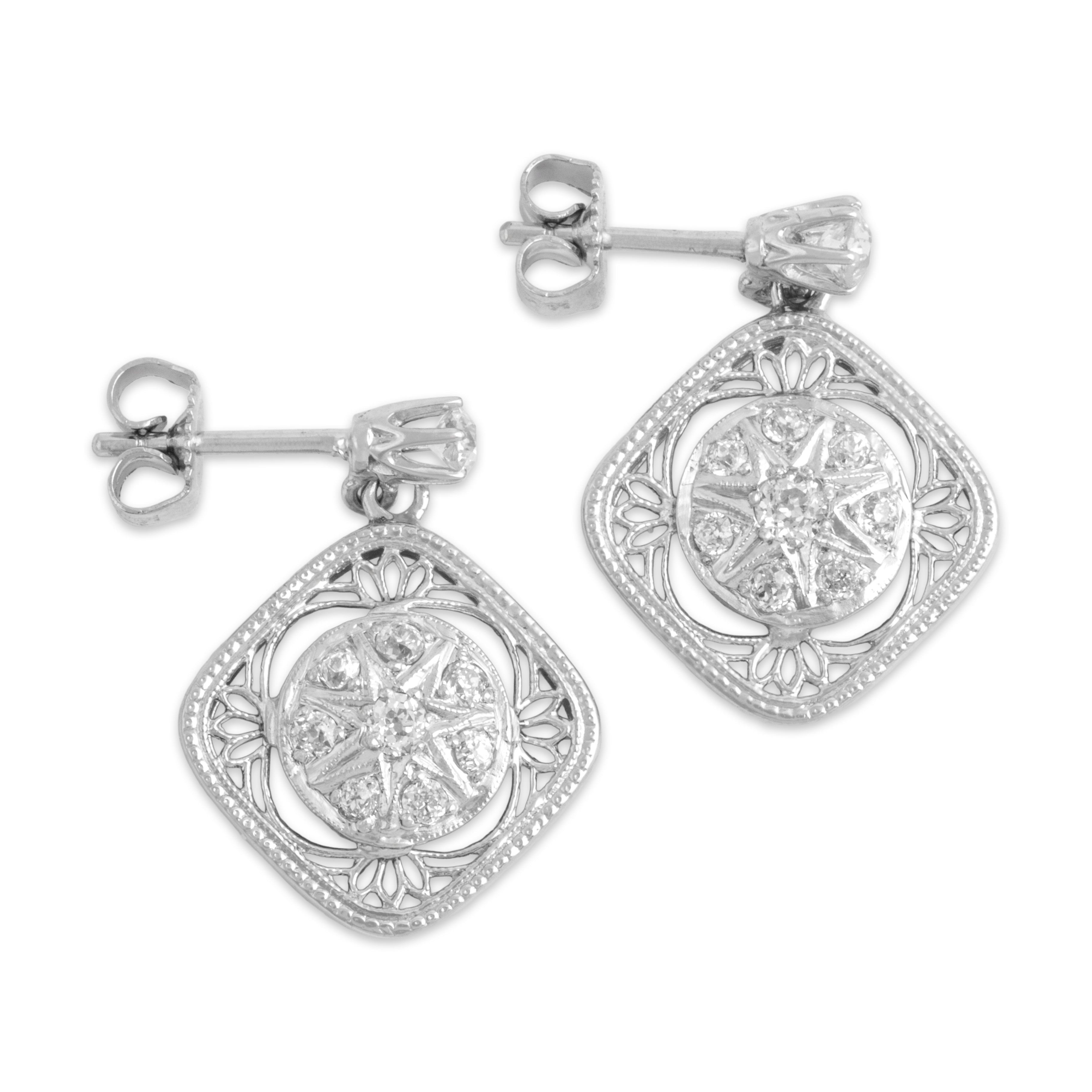 Vintage 14k & 10k White Gold .73cttw Old Mine Cut Diamond Fantastic Openwork Dangle Earrings - Overall view