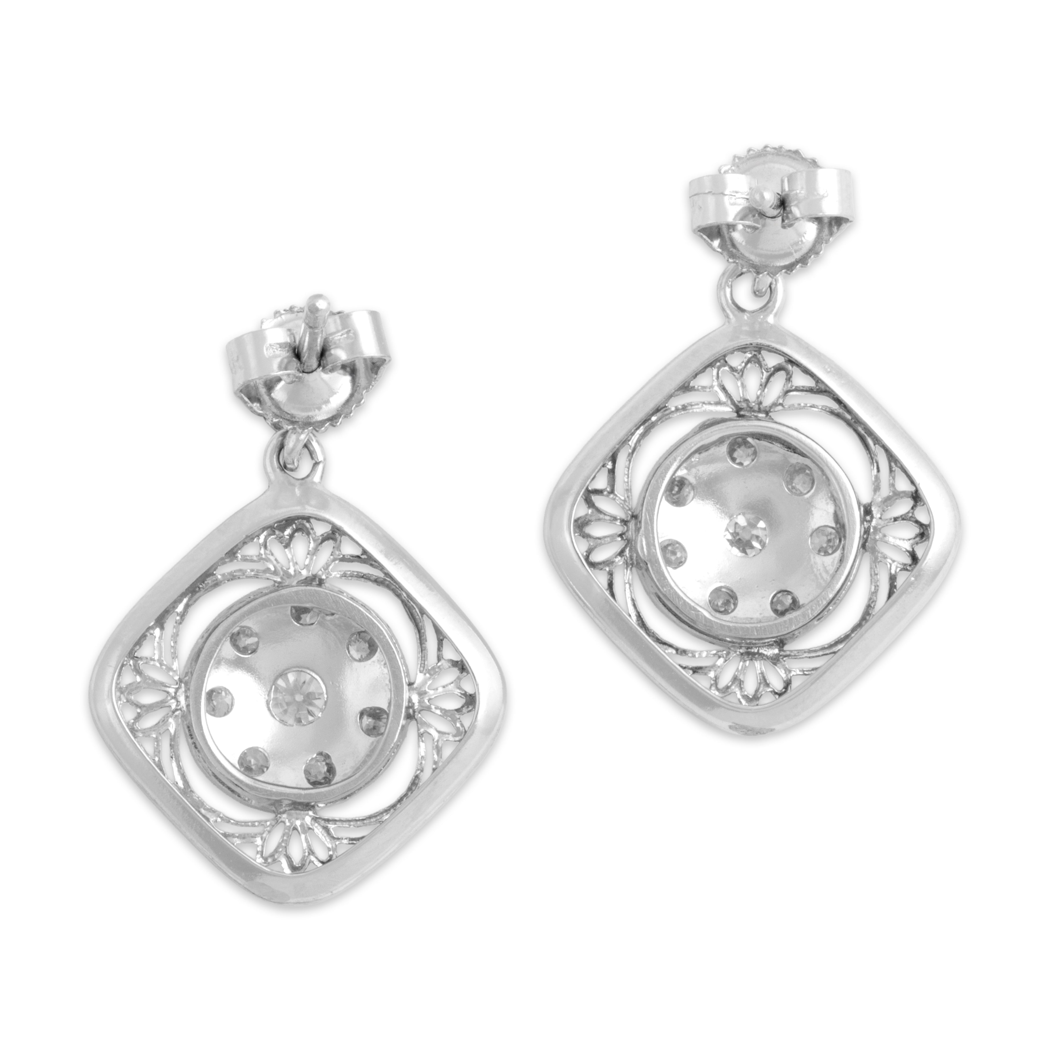 Vintage 14k & 10k White Gold .73cttw Old Mine Cut Diamond Fantastic Openwork Dangle Earrings - Back view