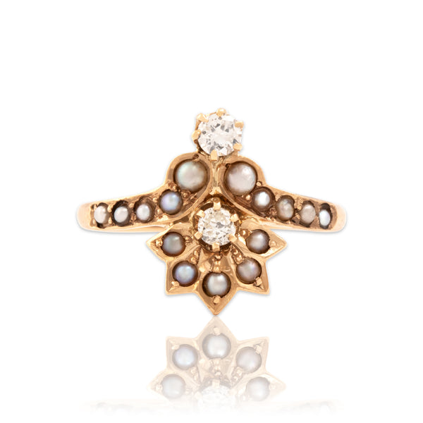 Antique 10k Rosy Yellow Gold Old Mine Cut Diamond Pearl Fantastic Fanned Ring 4.75