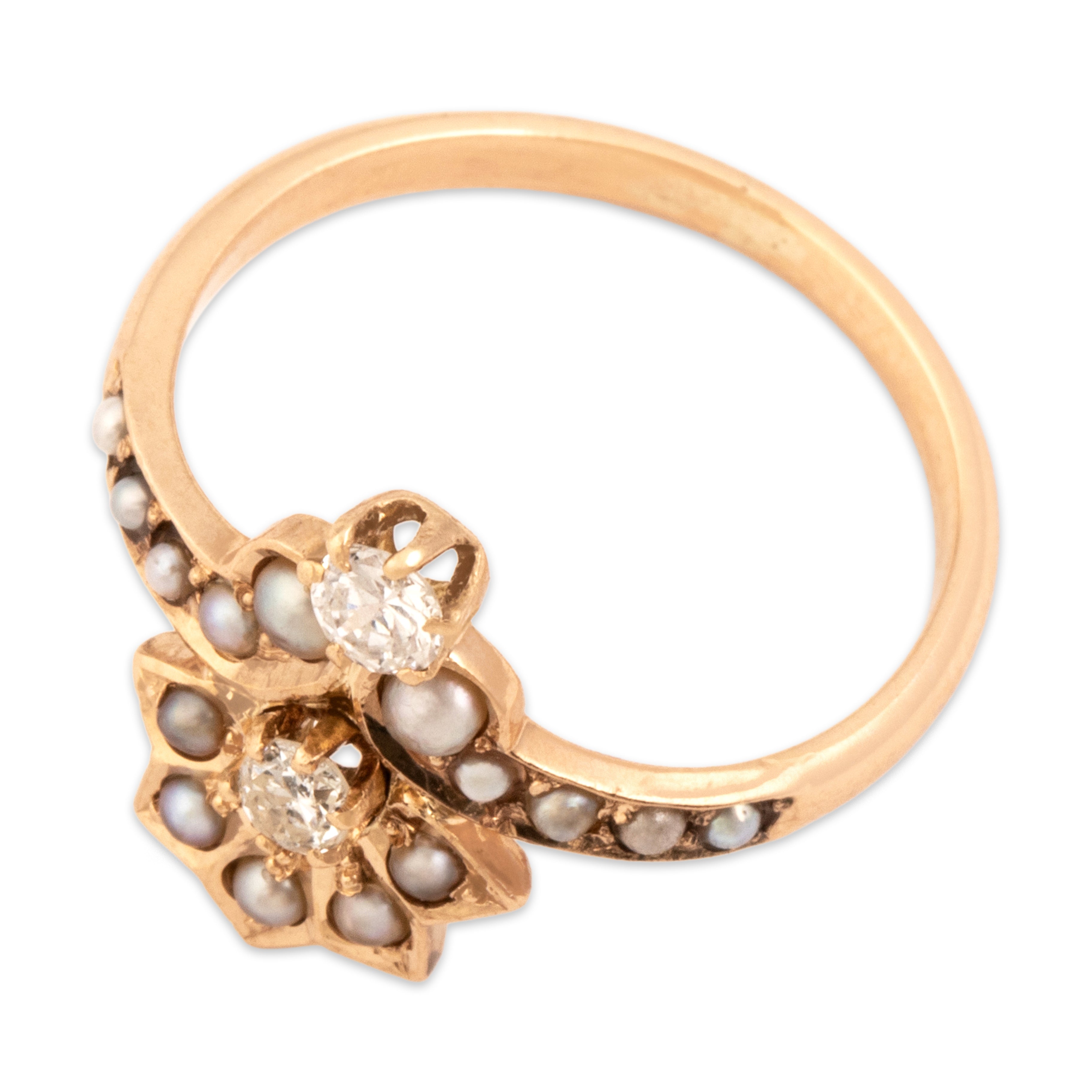 Antique 10k Rosy Yellow Gold Old Mine Cut Diamond Pearl Fantastic Ornate Fanned Ring - Overall view