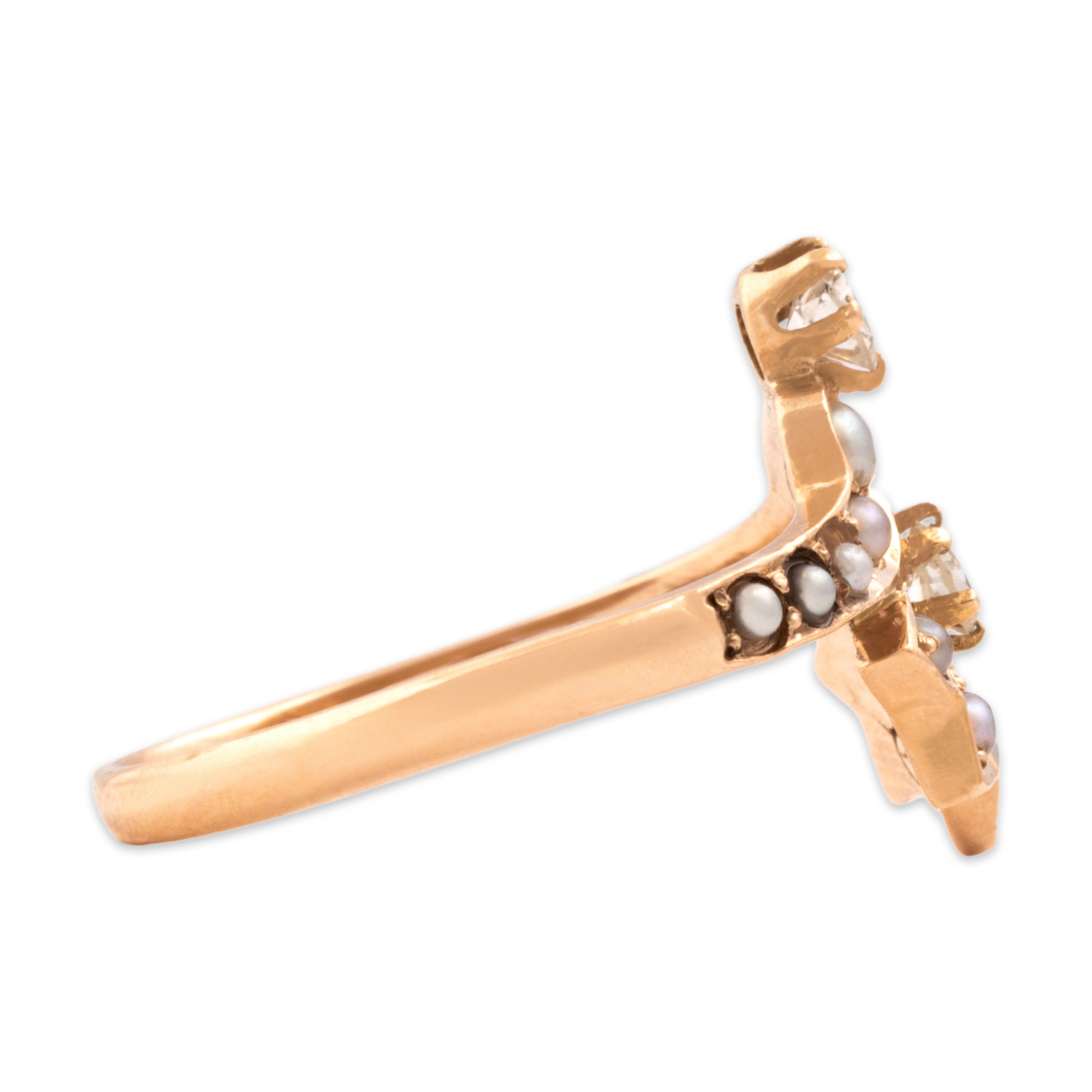 Antique 10k Rosy Yellow Gold Old Mine Cut Diamond Pearl Fantastic Ornate Fanned Ring - Side view