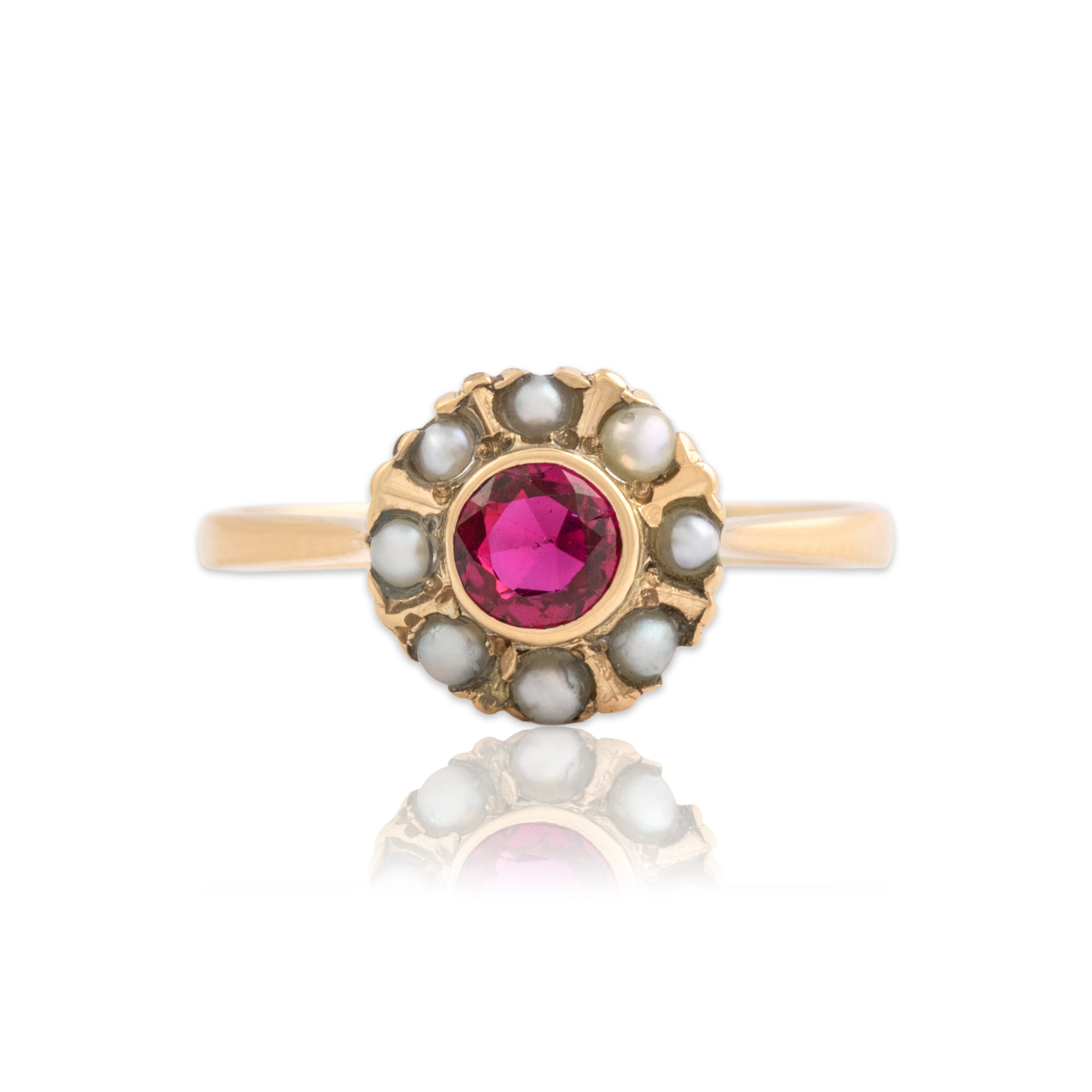 Antique 14k Yellow Gold Synthetic Ruby Pearl Sweet Circle Halo Ring 3.75