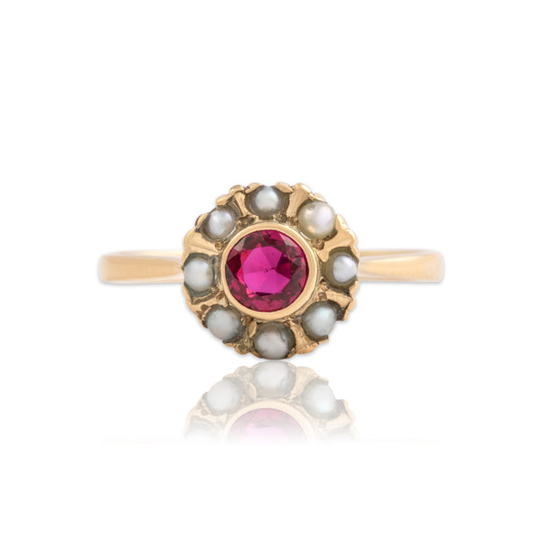 Antique 14k Yellow Gold Synthetic Ruby Pearl Sweet Circle Halo Ring 3.75
