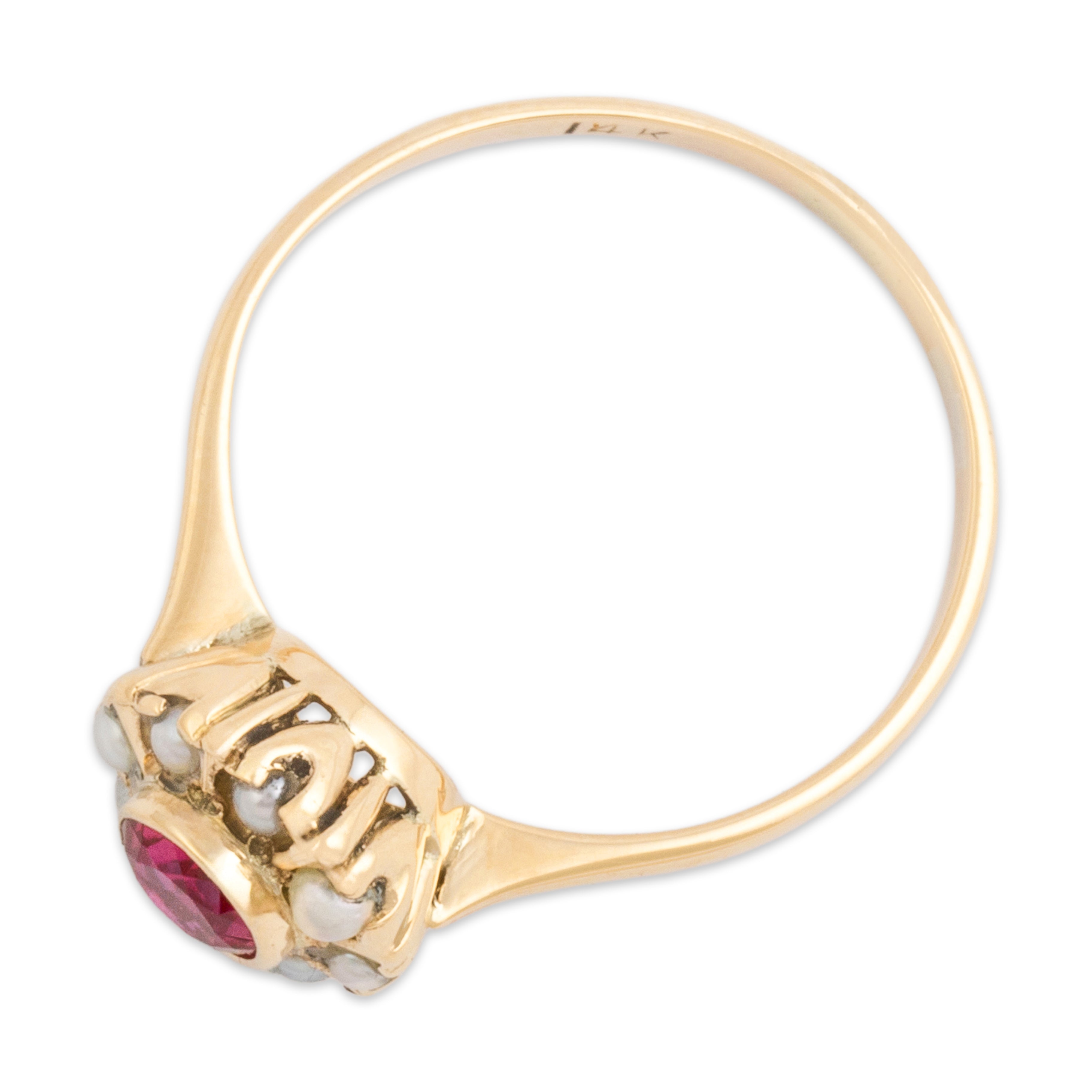 Antique 14k Yellow Gold Synthetic Ruby Pearl Sweet Circle Halo Ring - Overall view