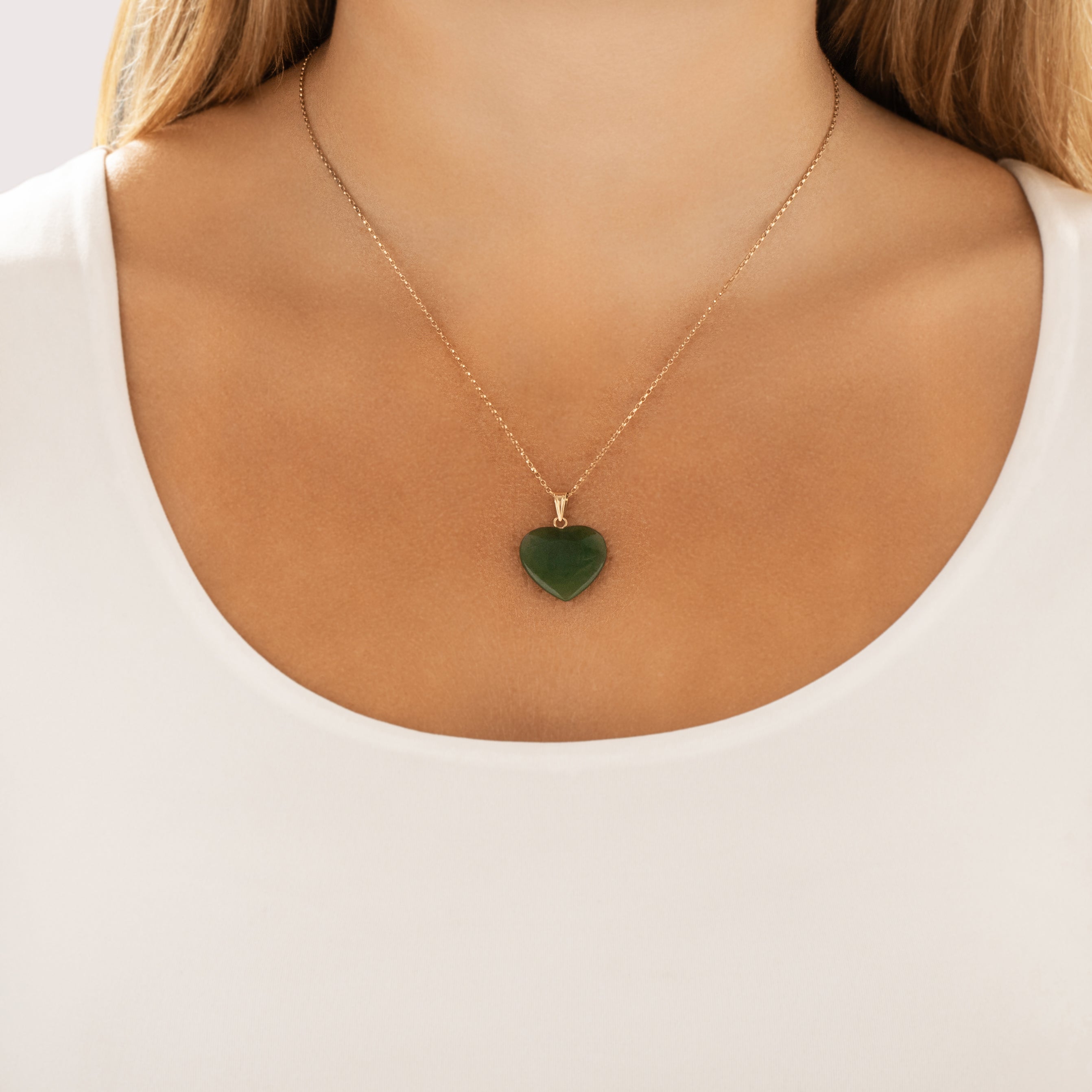 Vintage 14k Yellow Gold Jade Lovely Heart Pendant - On model view