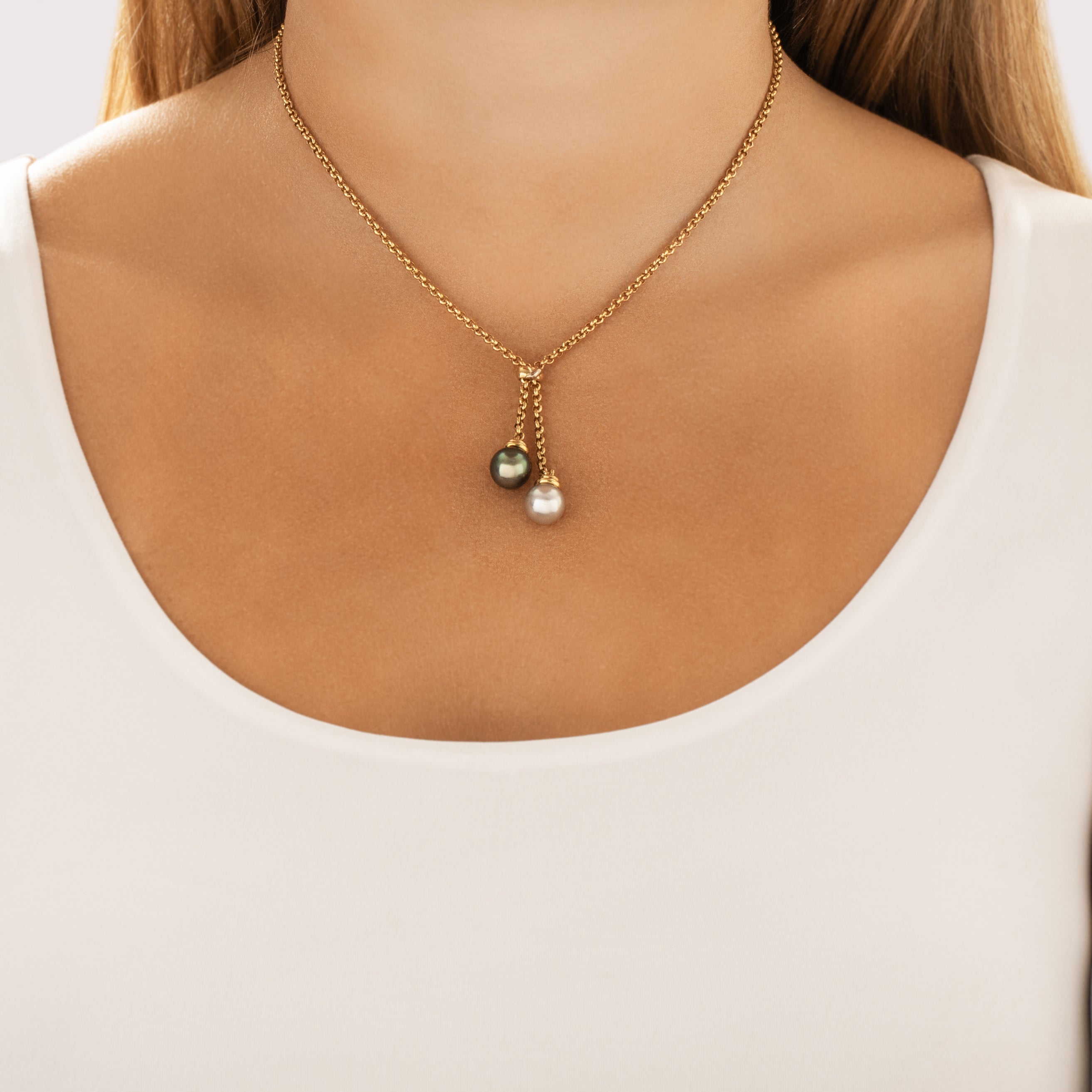 Estate 18k Yellow Gold White Tahitian Pearl Chain Lariat Dangle Necklace 15.5