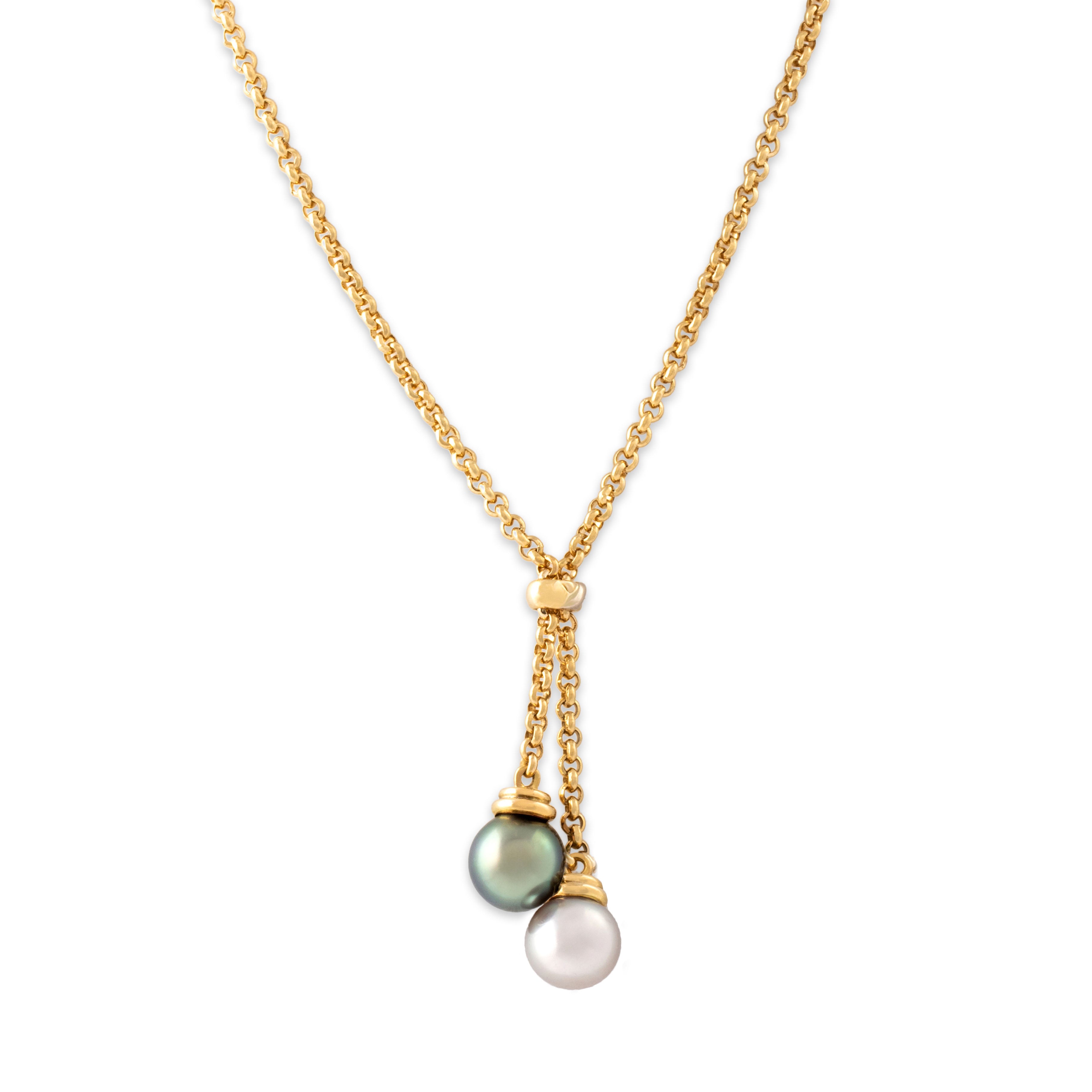 Estate 18k Yellow Gold White Tahitian Pearl Chain Lariat Dangle Necklace 15.5