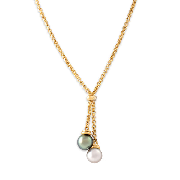 Estate 18k Yellow Gold White Tahitian Pearl Chain Lariat Dangle Necklace 15.5