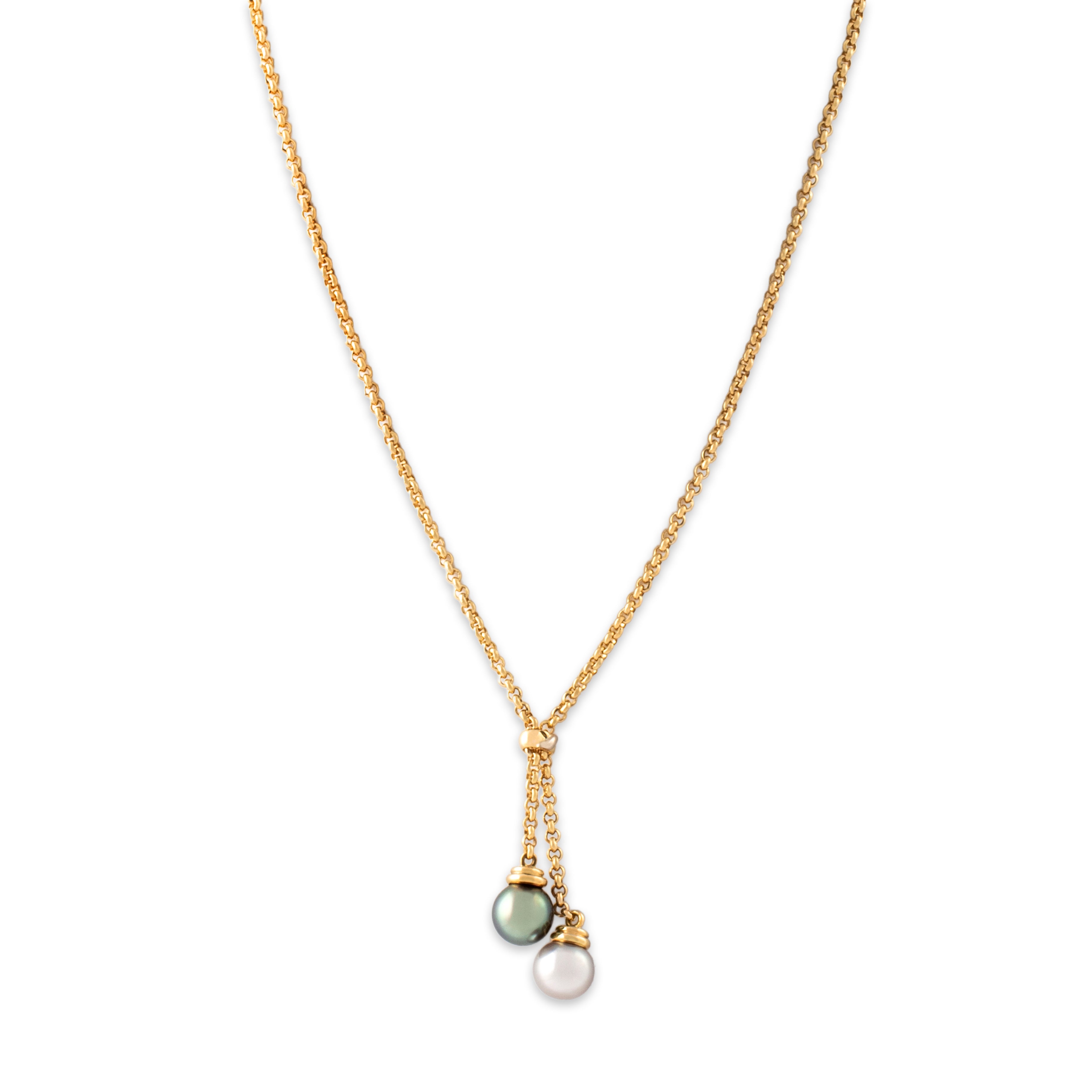 Estate 18k Yellow Gold White Tahitian Pearl Chain Lariat Dangle Necklace 15.5