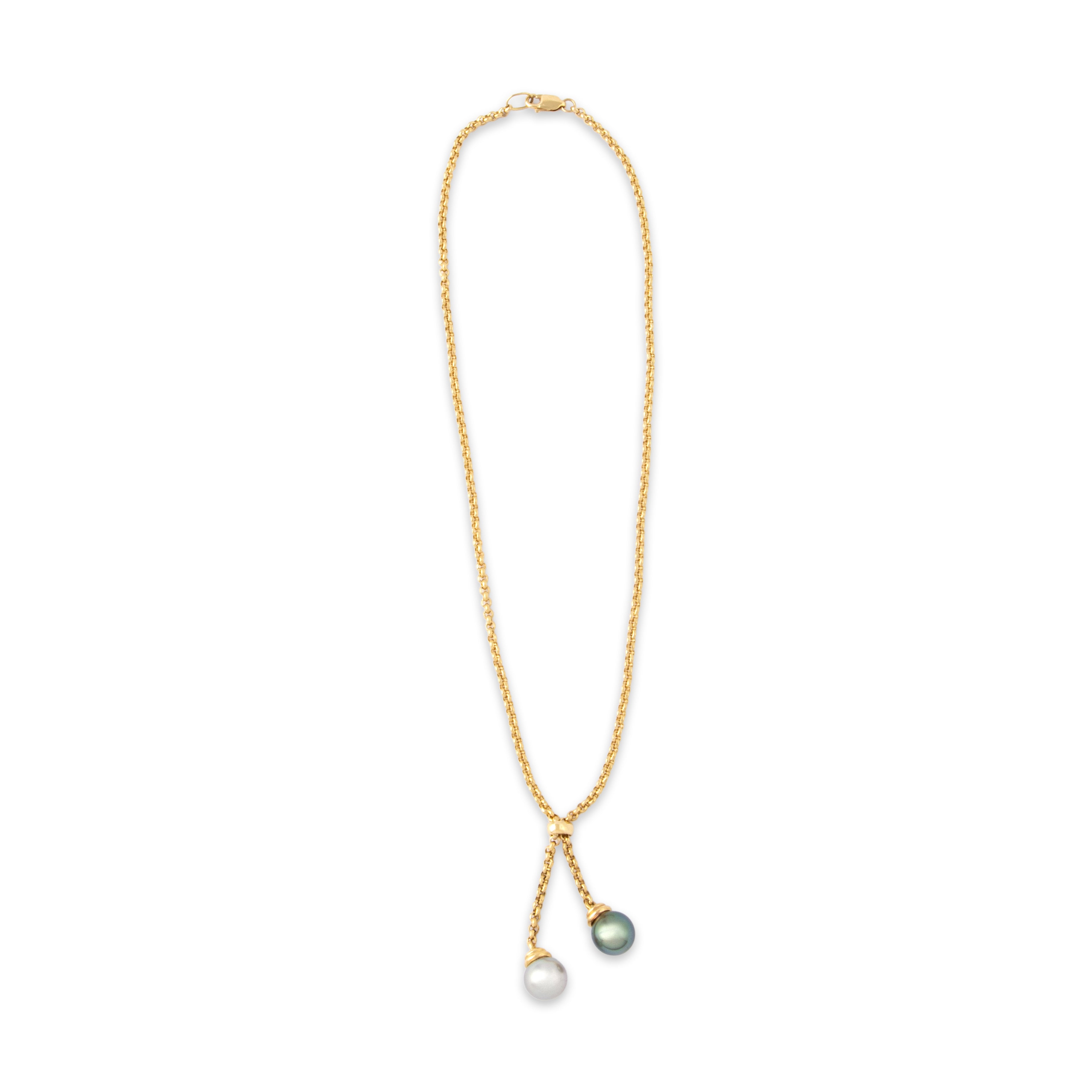 Estate 18k Yellow Gold White Tahitian Pearl Chain Lariat Dangle Necklace 15.5