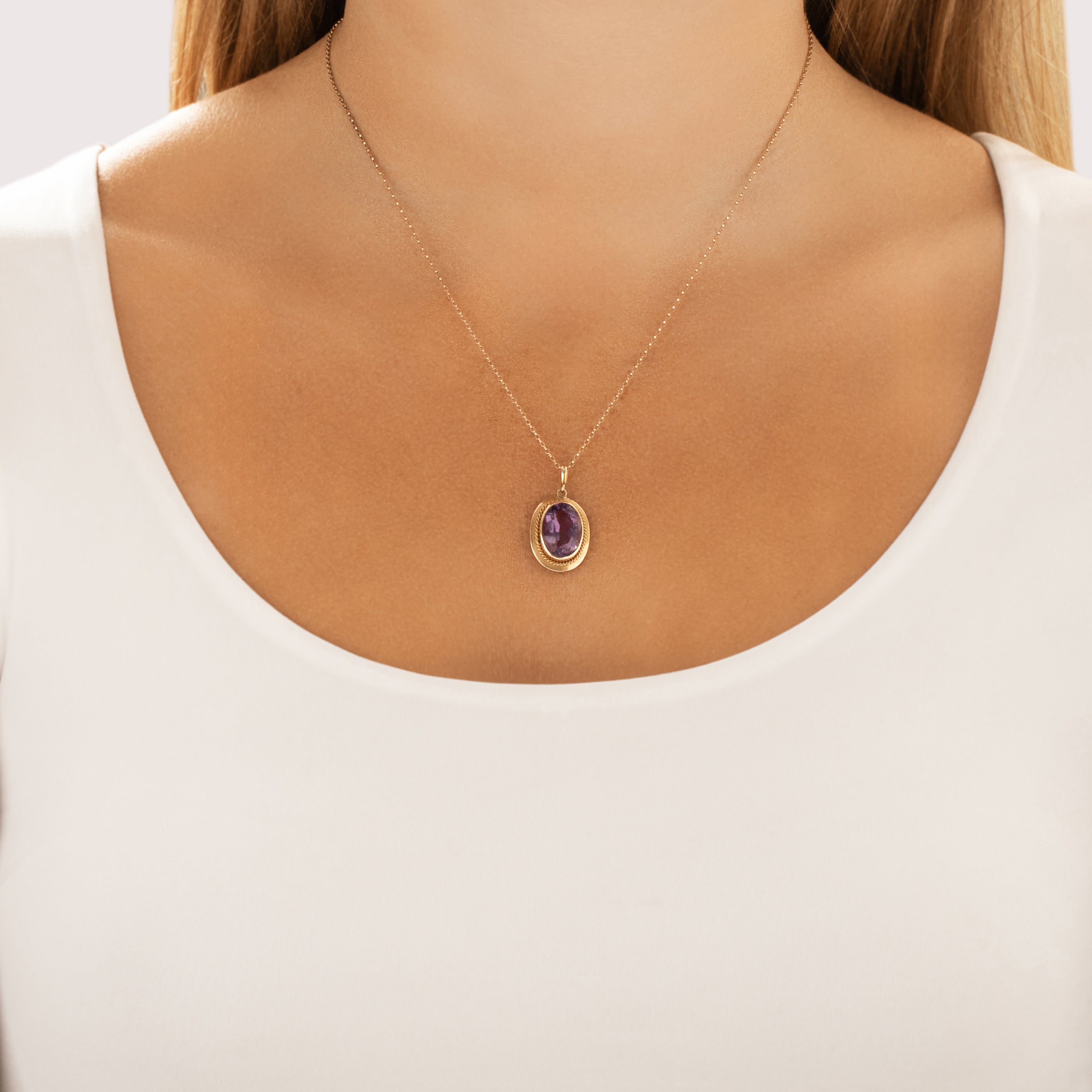 Vintage 10k Yellow Gold 5.52ct Amethyst Elegant Satin Cabled Bezel Pendant - On model view