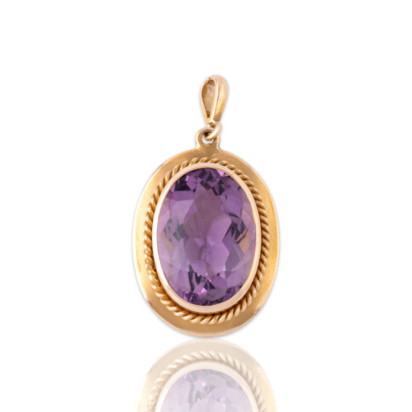 Vintage 10k Yellow Gold 5.52ct Amethyst Elegant Satin Cabled Bezel Pendant