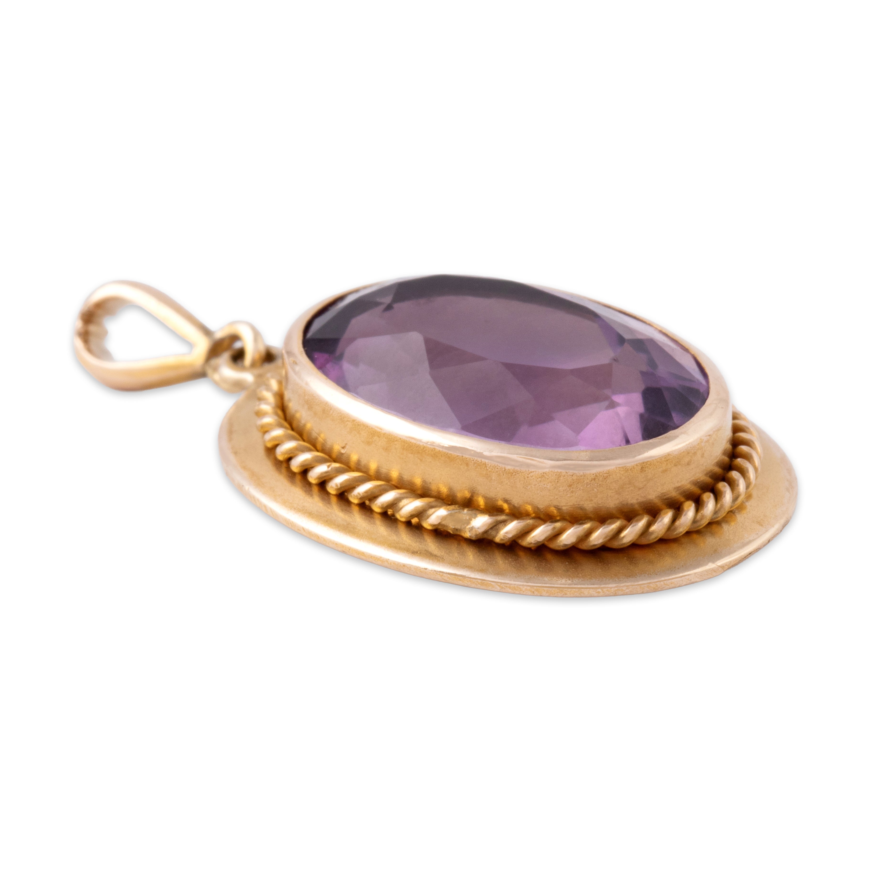 Vintage 10k Yellow Gold 5.52ct Amethyst Elegant Satin Cabled Bezel Pendant - Side view