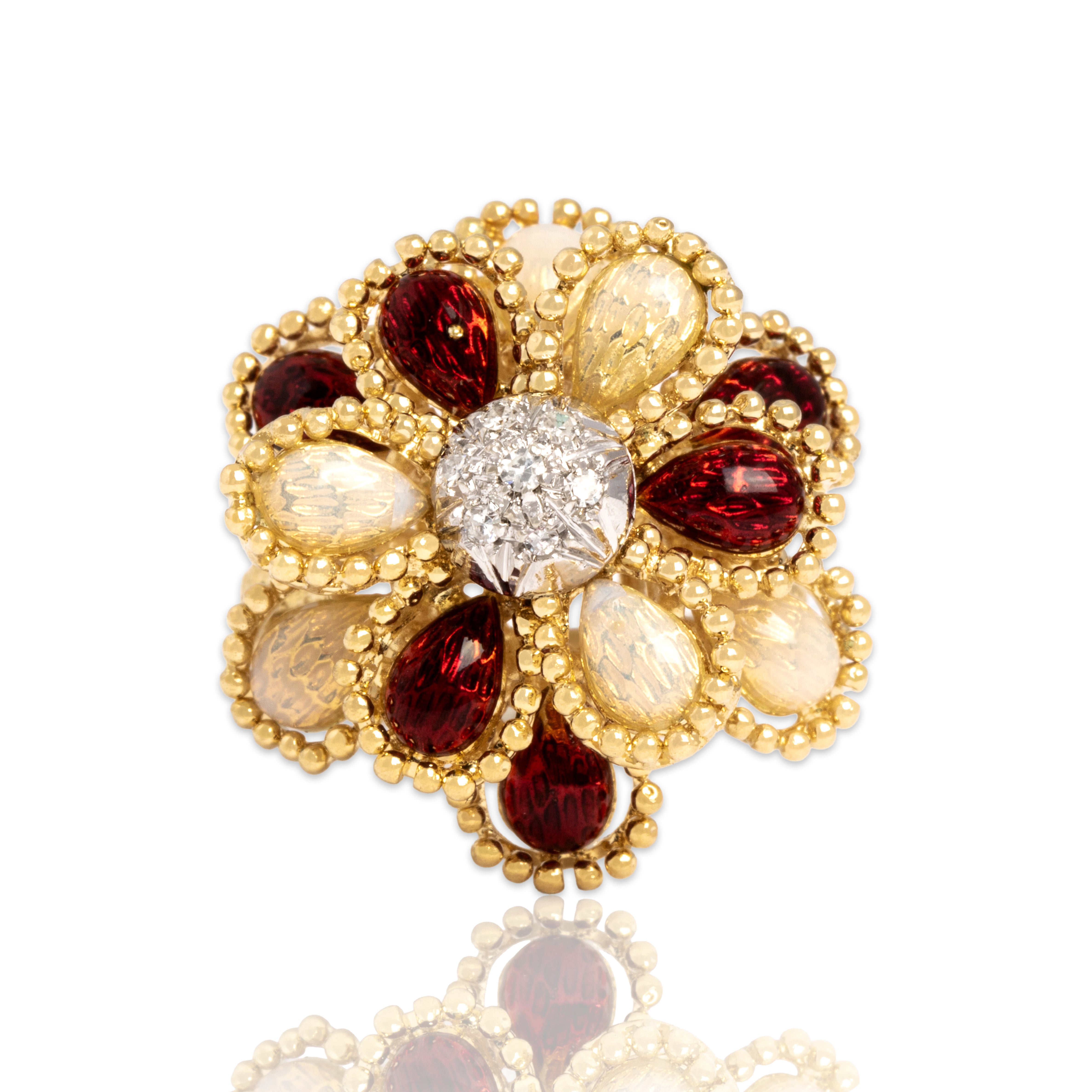 Vintage 18k Yellow Gold Diamond Tall Guilloche Enamel Petal Ring - Close-up view