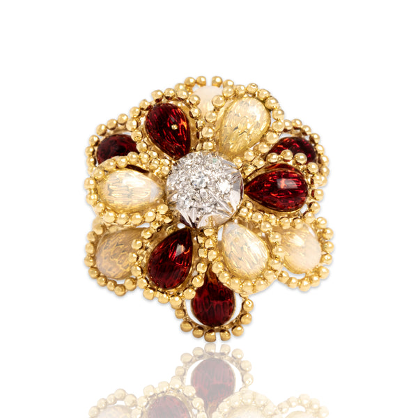 Vintage 18k Yellow Gold Diamond Tall Guilloché Enamel Petal Ring 6.25