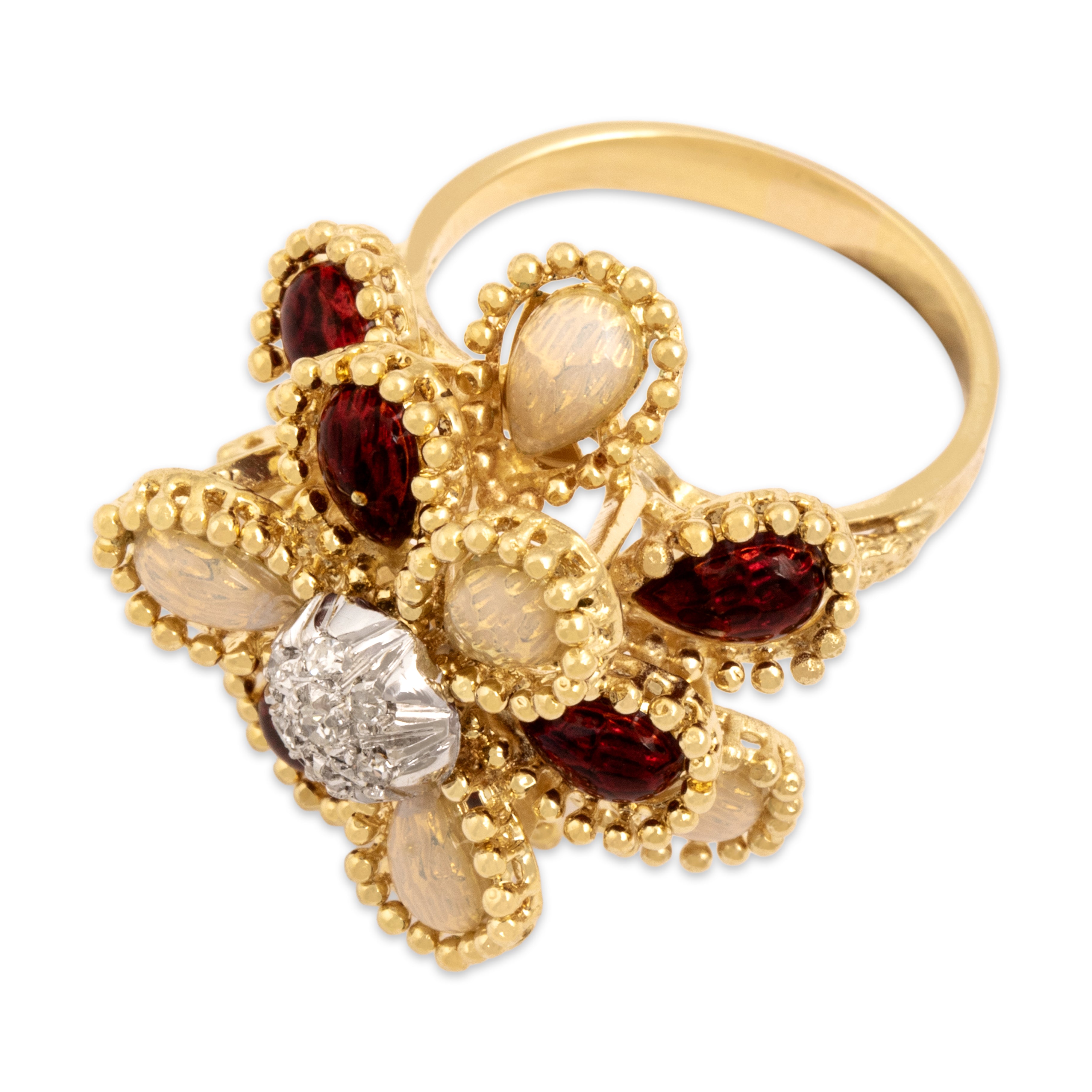 Vintage 18k Yellow Gold Diamond Tall Guilloche Enamel Petal Ring - Overall view