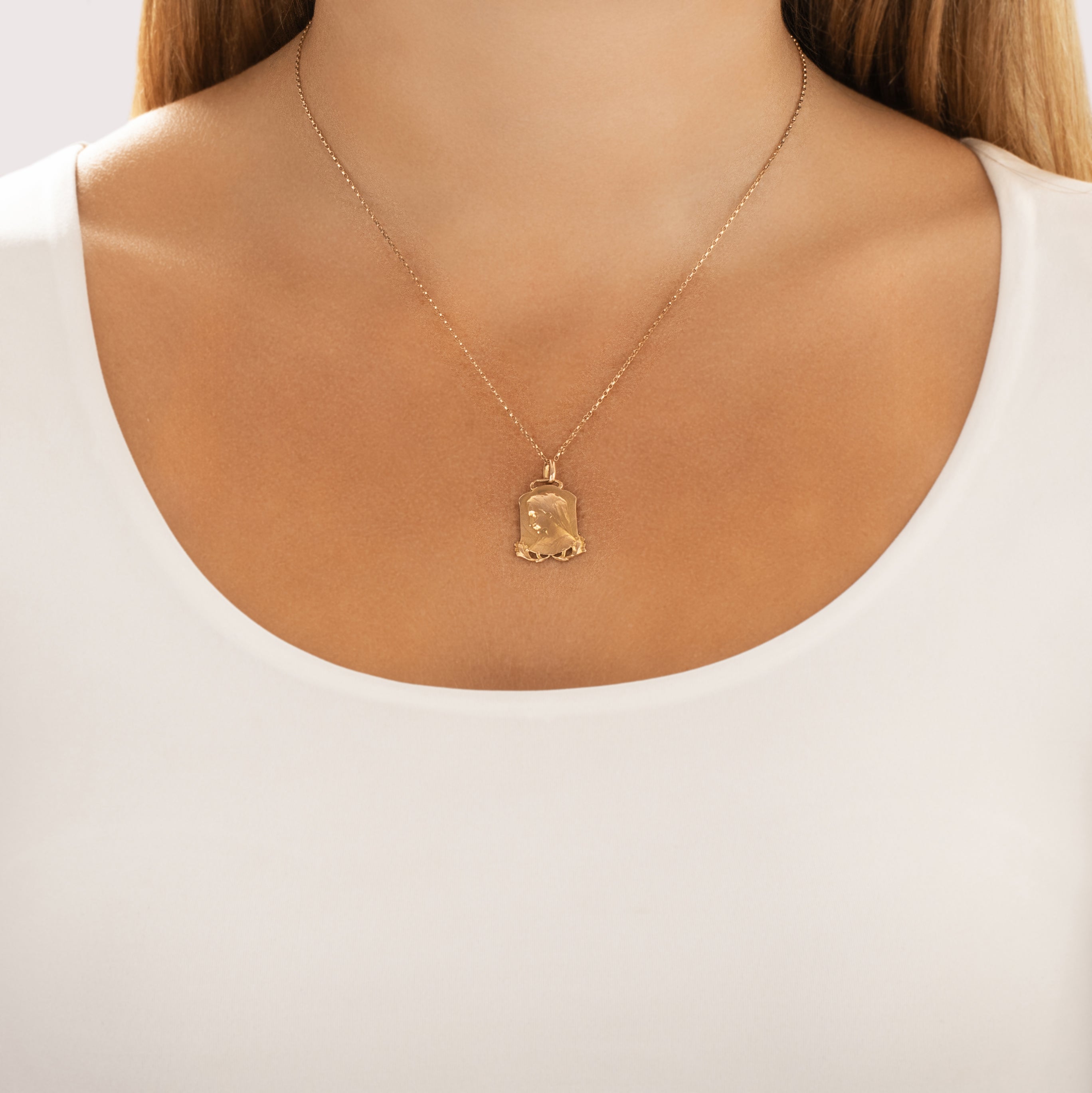 Antique Dropsy French 18k Rose & Yellow Gold Gleaming Mother Mary Charm / Pendant - On model view