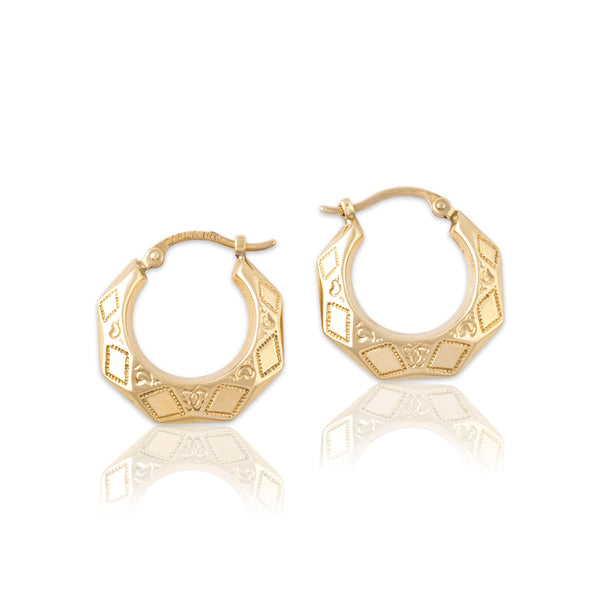 Vintage Small 14k Yellow Gold Patterned Flair Hoop Earrings