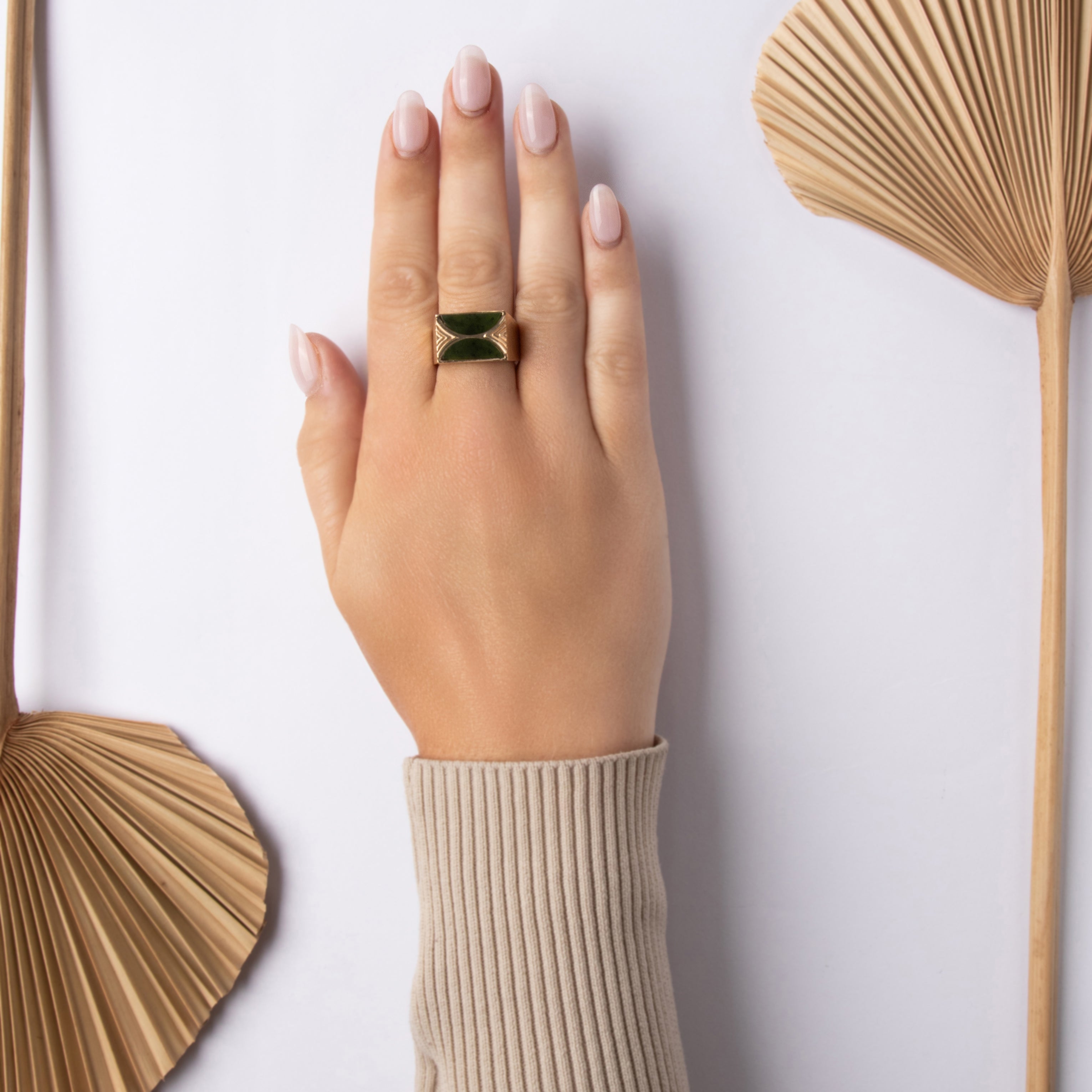 Vintage Heavy 14k Yellow Gold Spinach Jade Brushed Geometric Bar Ring - On model view