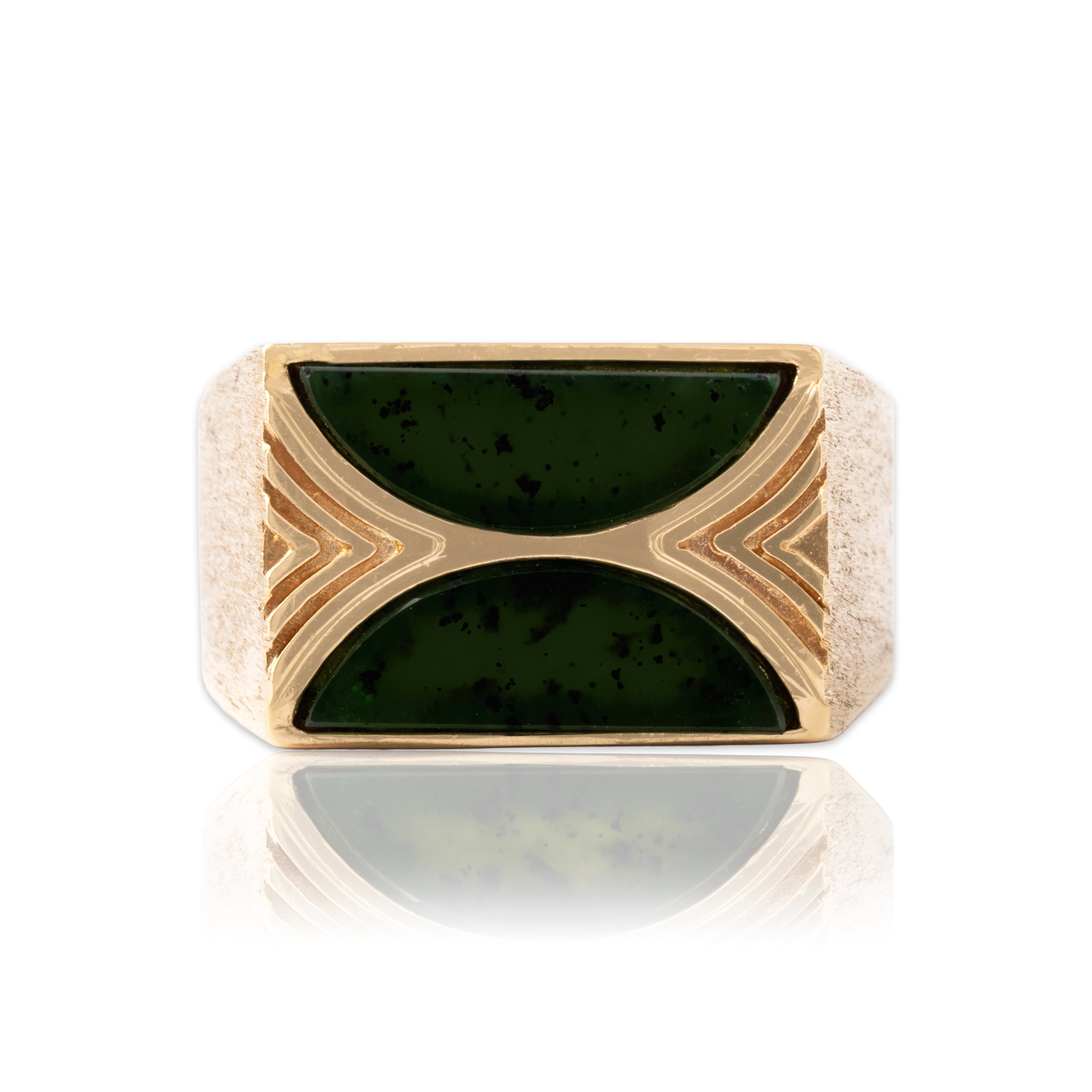 Vintage Heavy 14k Yellow Gold Spinach Jade Brushed Geometric Bar Ring 8.50
