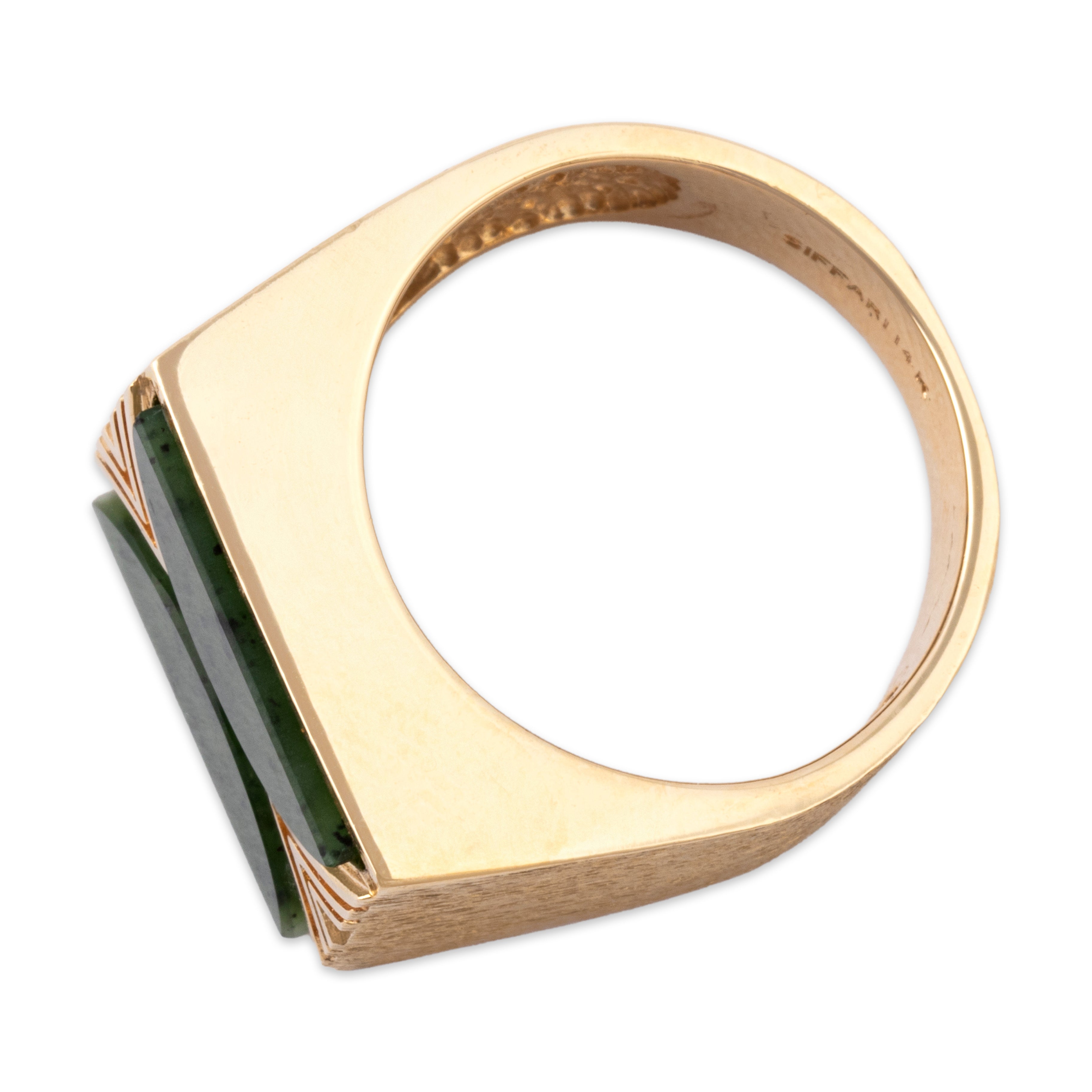 Vintage Heavy 14k Yellow Gold Spinach Jade Brushed Geometric Bar Ring - Overall view