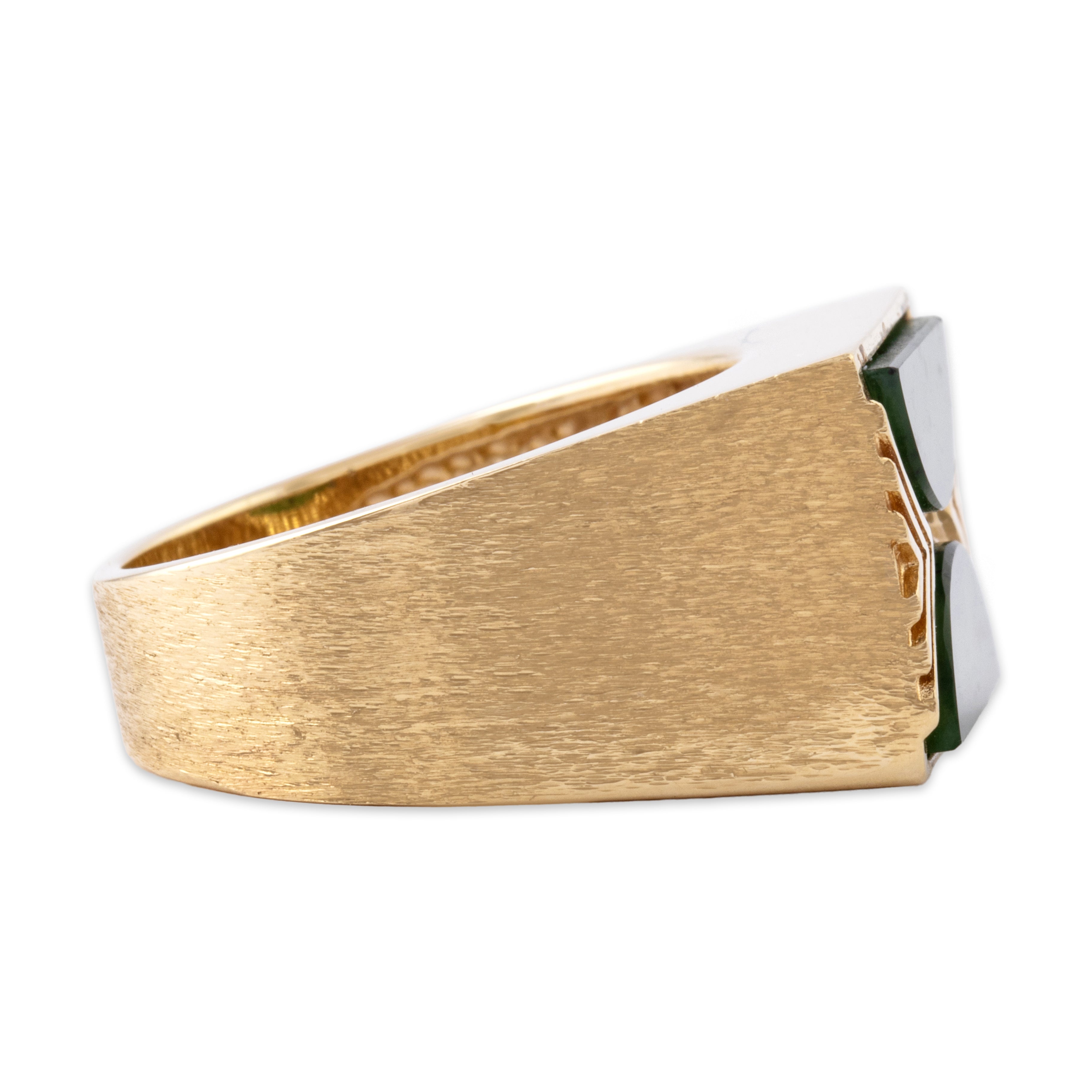 Vintage Heavy 14k Yellow Gold Spinach Jade Brushed Geometric Bar Ring - Side view