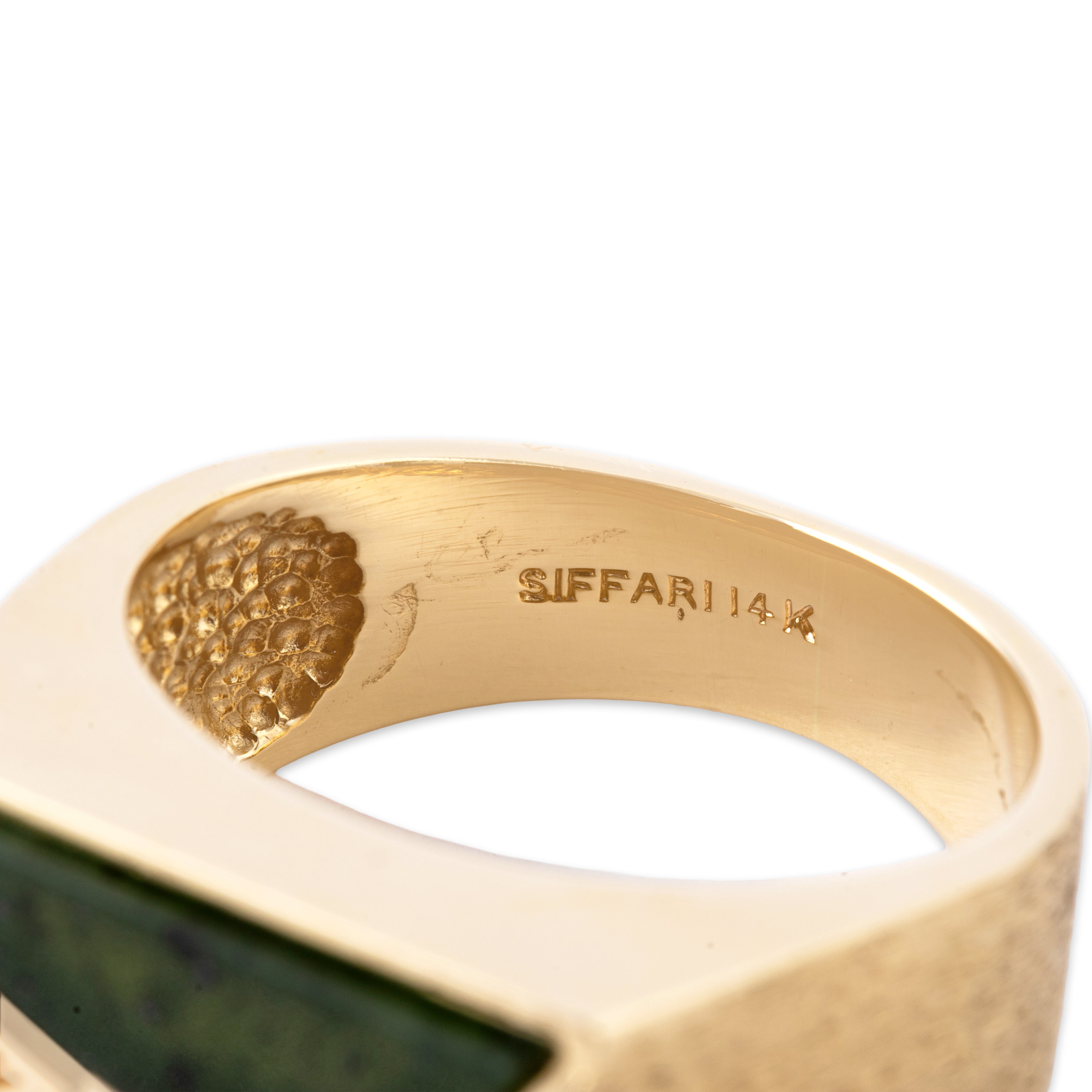 Vintage Heavy 14k Yellow Gold Spinach Jade Brushed Geometric Bar Ring - Hallmark view