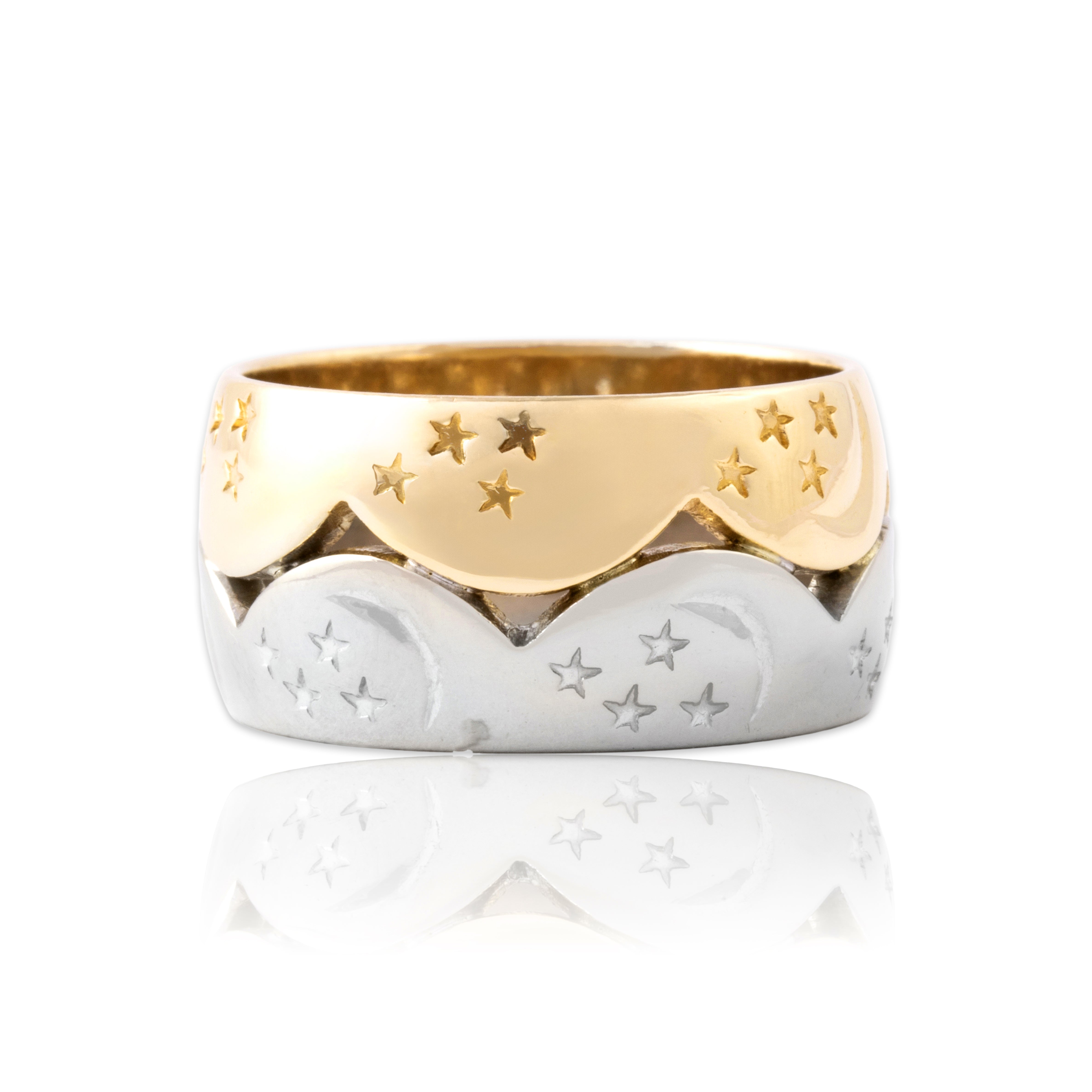 Vintage 14k Yellow & White Gold Gleaming Starry Night Band Ring 6.75