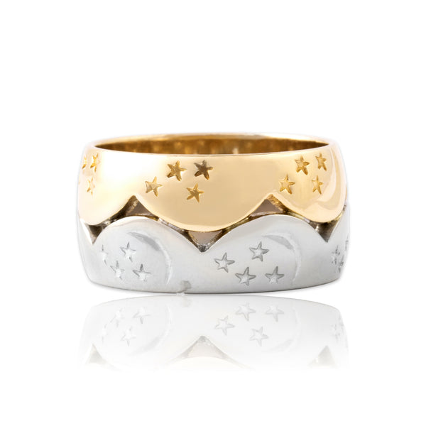 Vintage 14k Yellow & White Gold Gleaming Starry Night Band Ring 6.75