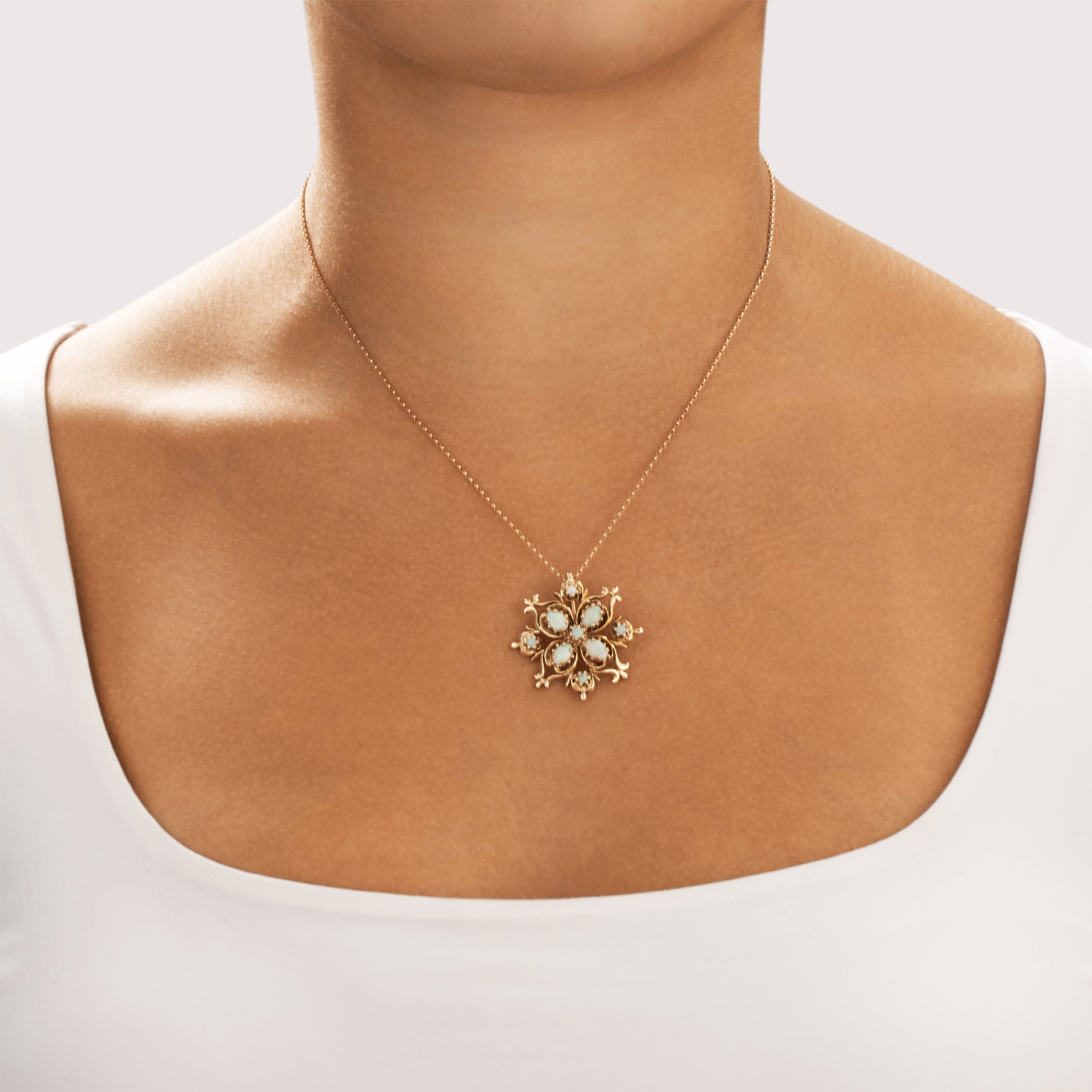 Vintage 14k Yellow Gold 1.13cttw Opal Glowing Snowflake Pendant - On model view