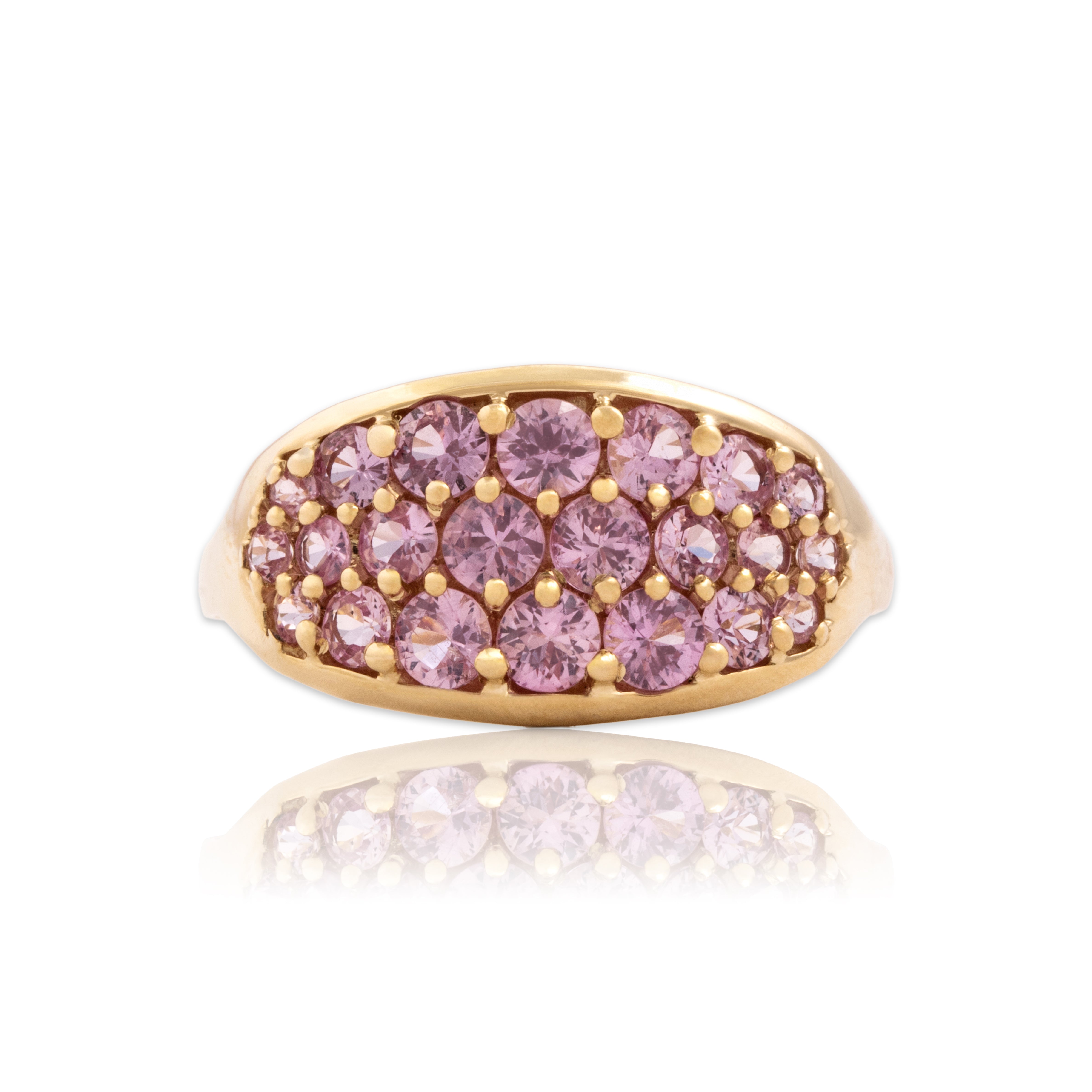 Vintage 14k Yellow Gold 1.33cttw Pink Sapphire Glittering Shield Cluster Ring - Close-up view