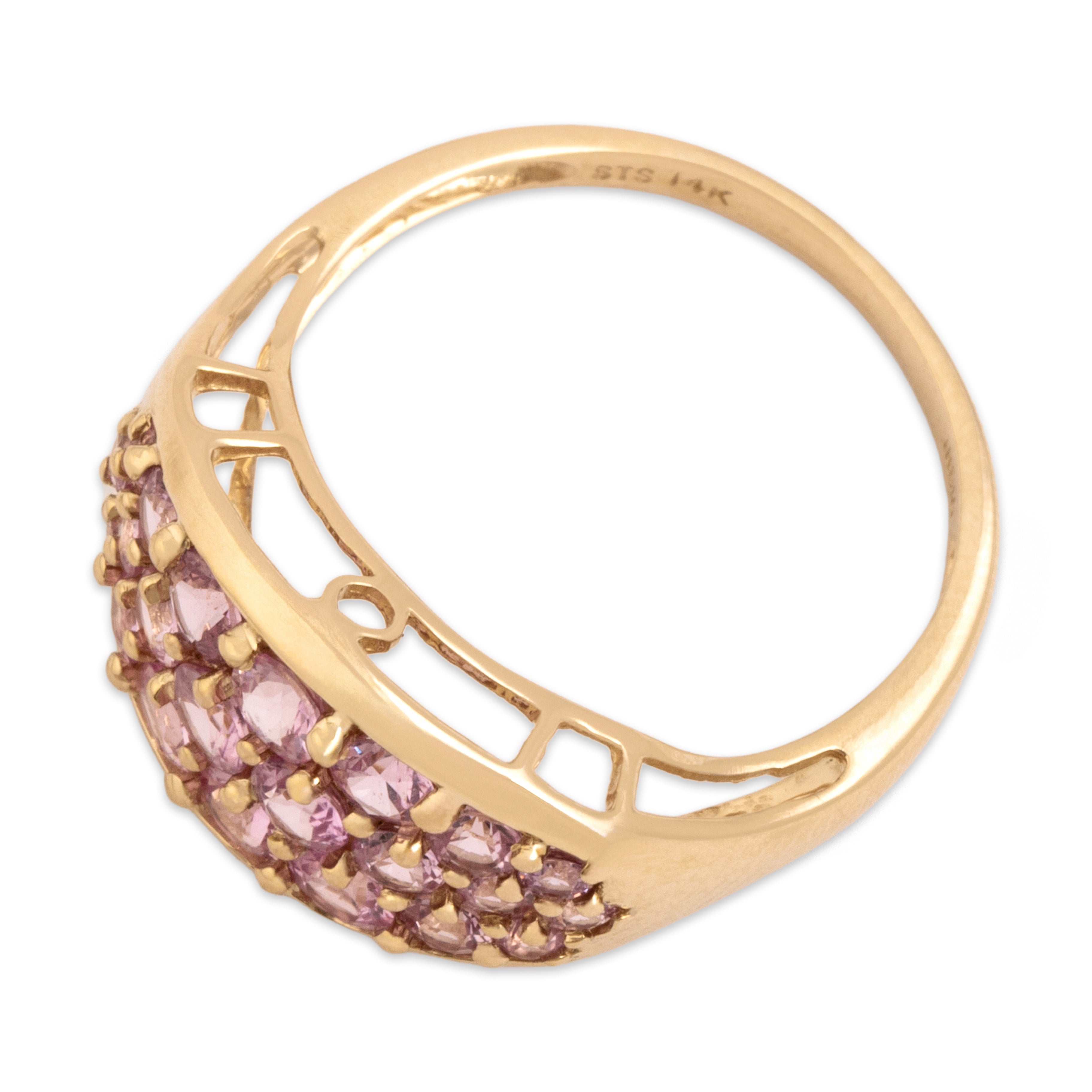 Vintage 14k Yellow Gold 1.33cttw Pink Sapphire Glittering Shield Cluster Ring - Overall view