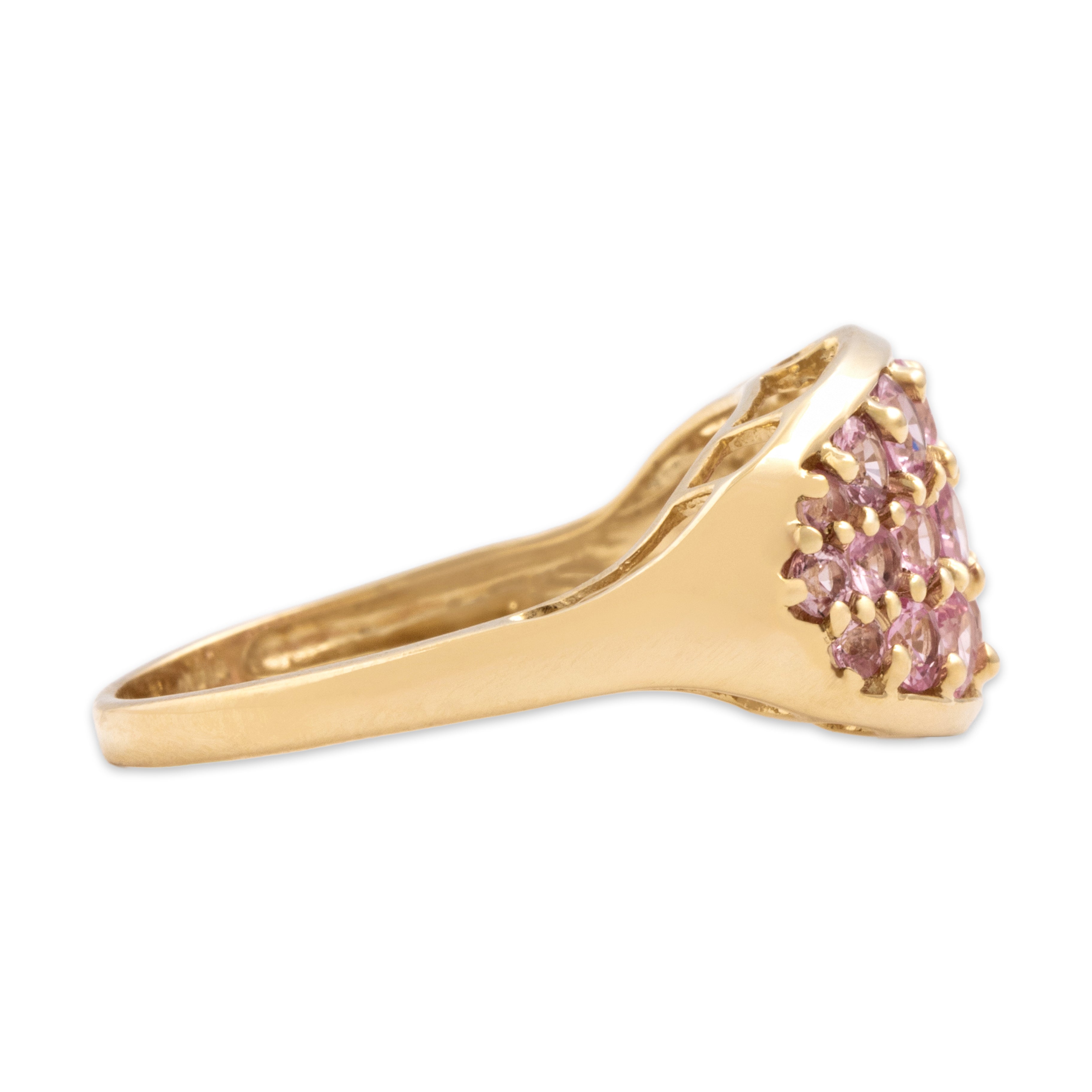 Vintage 14k Yellow Gold 1.33cttw Pink Sapphire Glittering Shield Cluster Ring - Side view