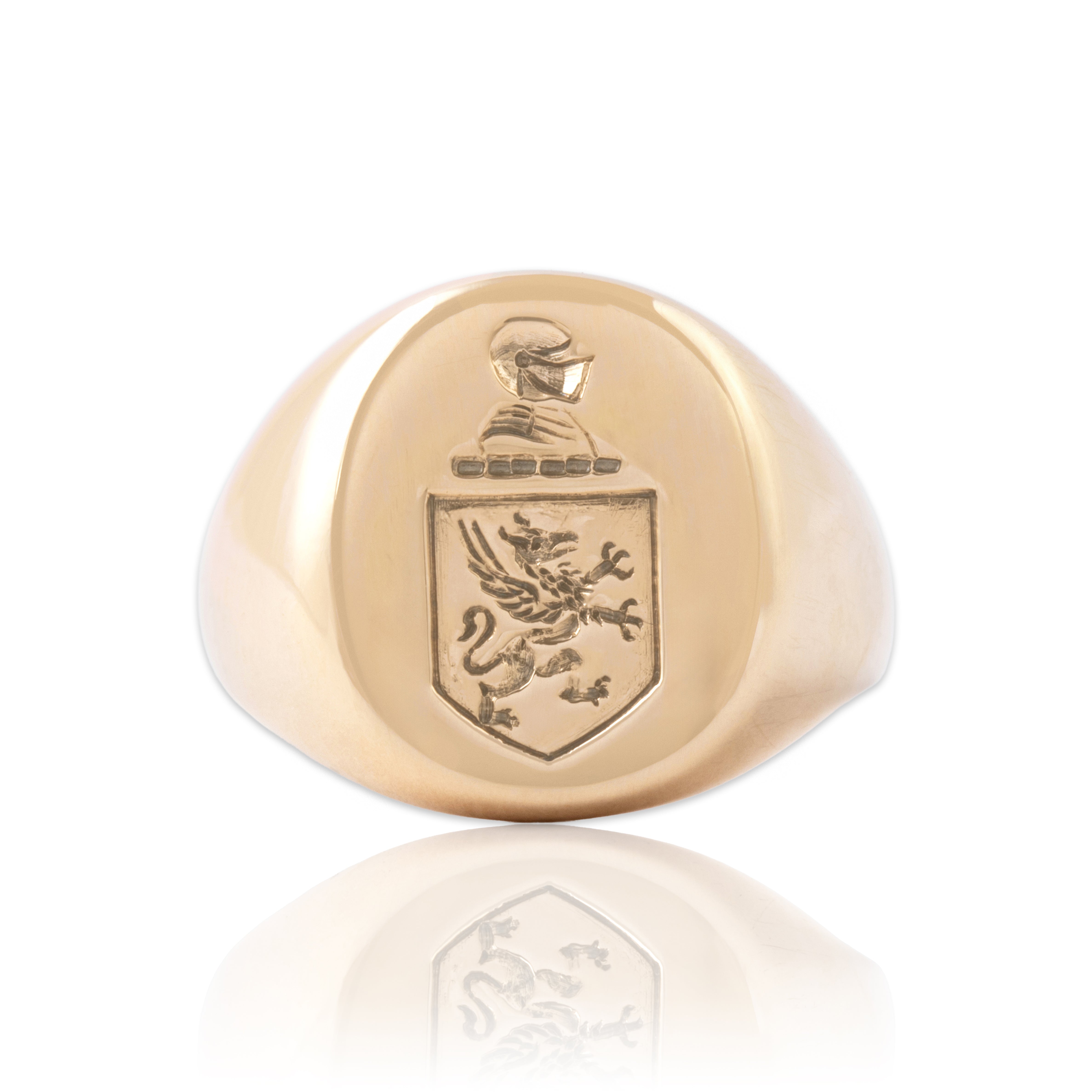 Vintage Heavy 14k Yellow Gold Engraved Griffin And Knight Coat Of Arms Signet Ring - Close-up view